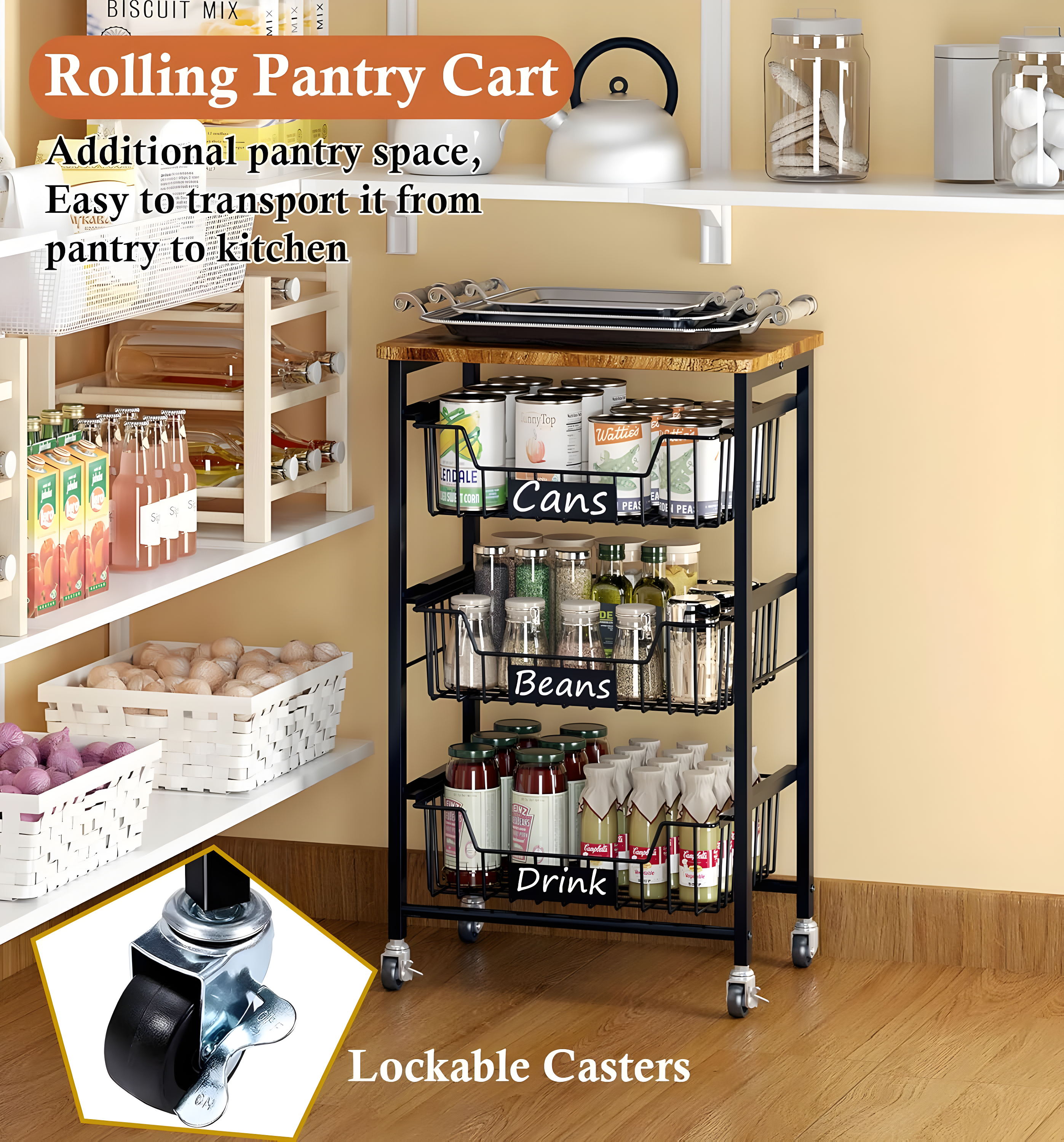 Small Kitchen Storage Cart On Wheels, Metal Fruit Basket Stand With Pull-Out Baskets & Wood Top For Potato Onion Produce Snack Veggies,(4-Tier /Black+ Rustic Board)