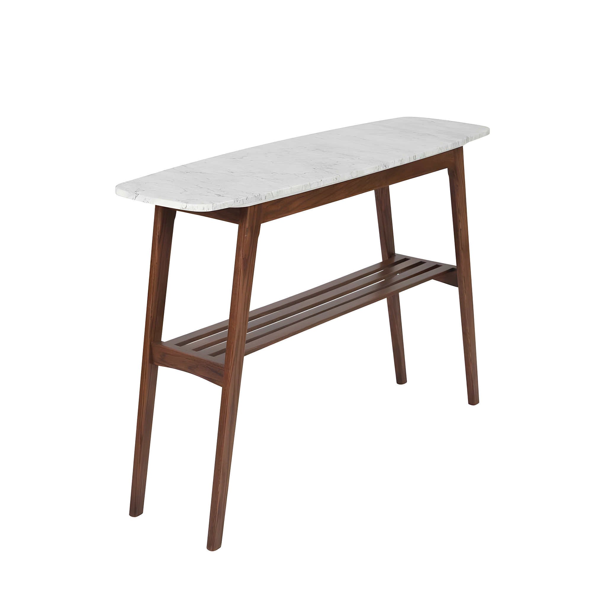 The Bianco Collection Castello 43" Rectangular Italian Carrara White Marble Console Table with Walnut Shelf