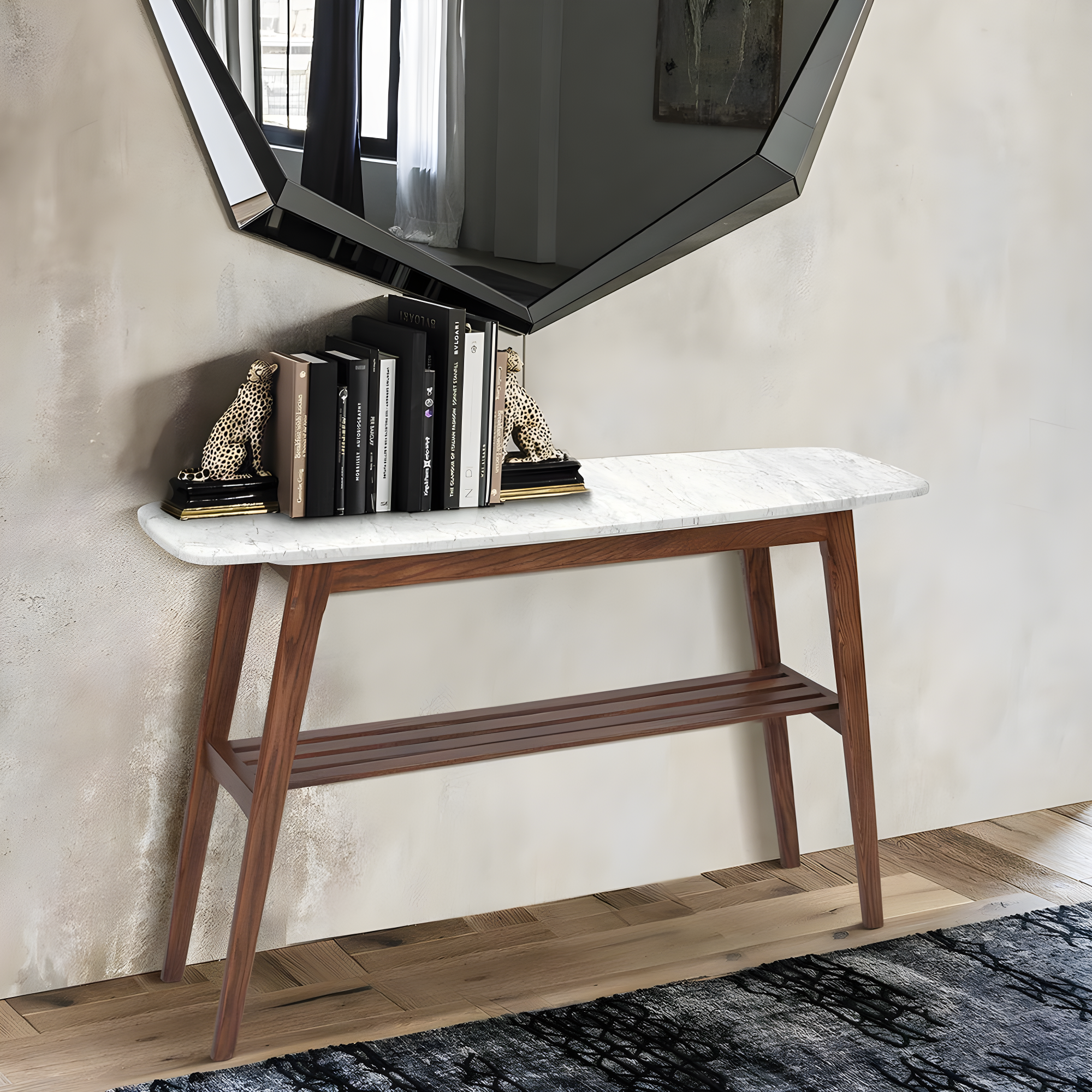 The Bianco Collection Castello 43" Rectangular Italian Carrara White Marble Console Table with Walnut Shelf