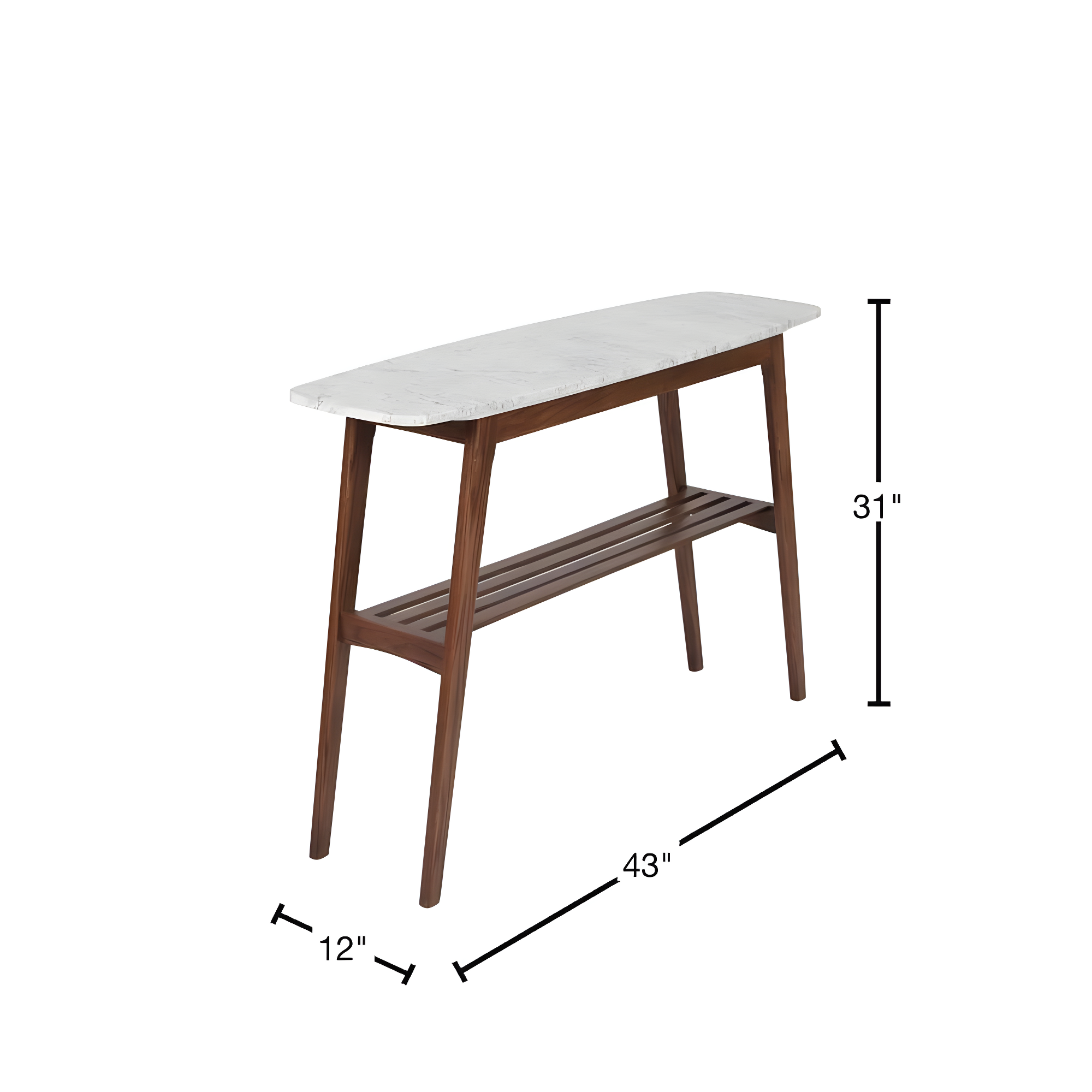 The Bianco Collection Castello 43" Rectangular Italian Carrara White Marble Console Table with Walnut Shelf