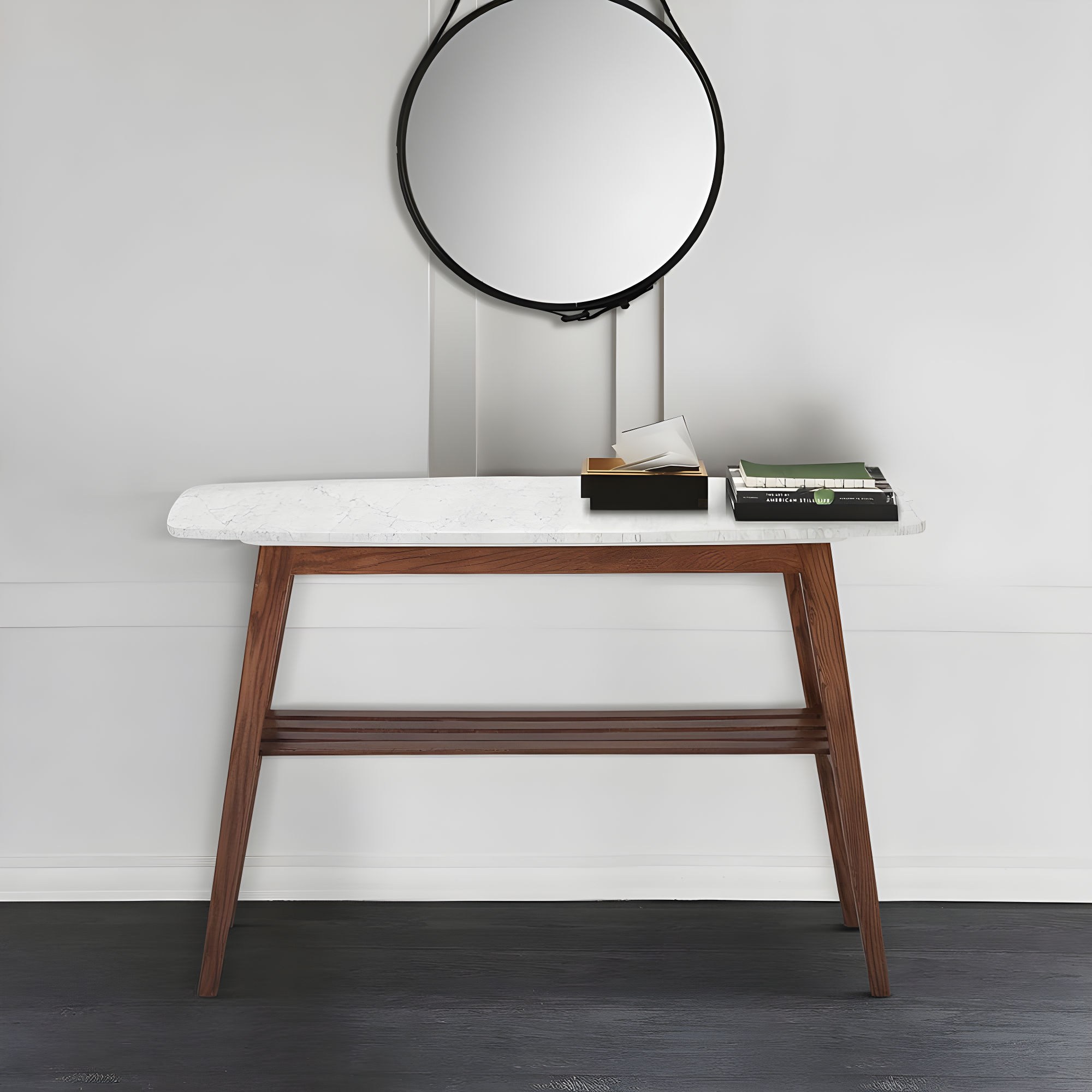 The Bianco Collection Castello 43" Rectangular Italian Carrara White Marble Console Table with Walnut Shelf