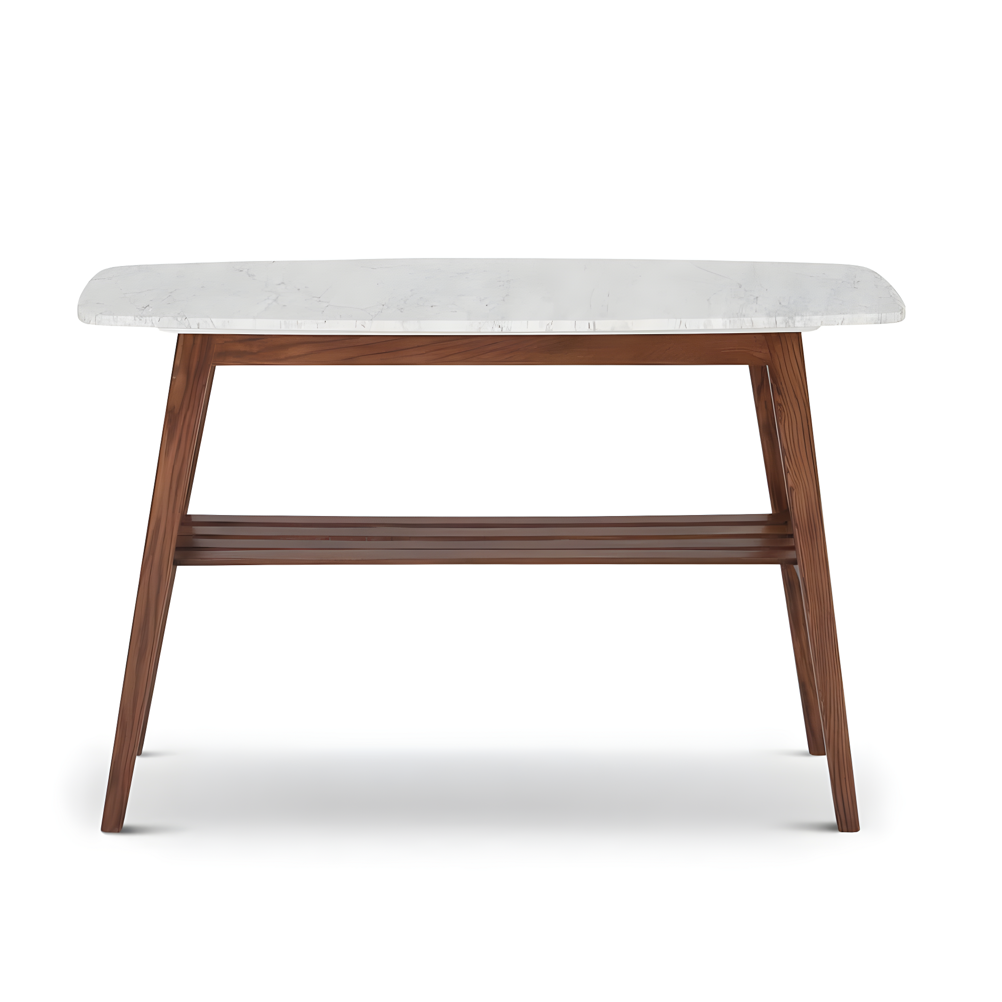 The Bianco Collection Castello 43" Rectangular Italian Carrara White Marble Console Table with Walnut Shelf