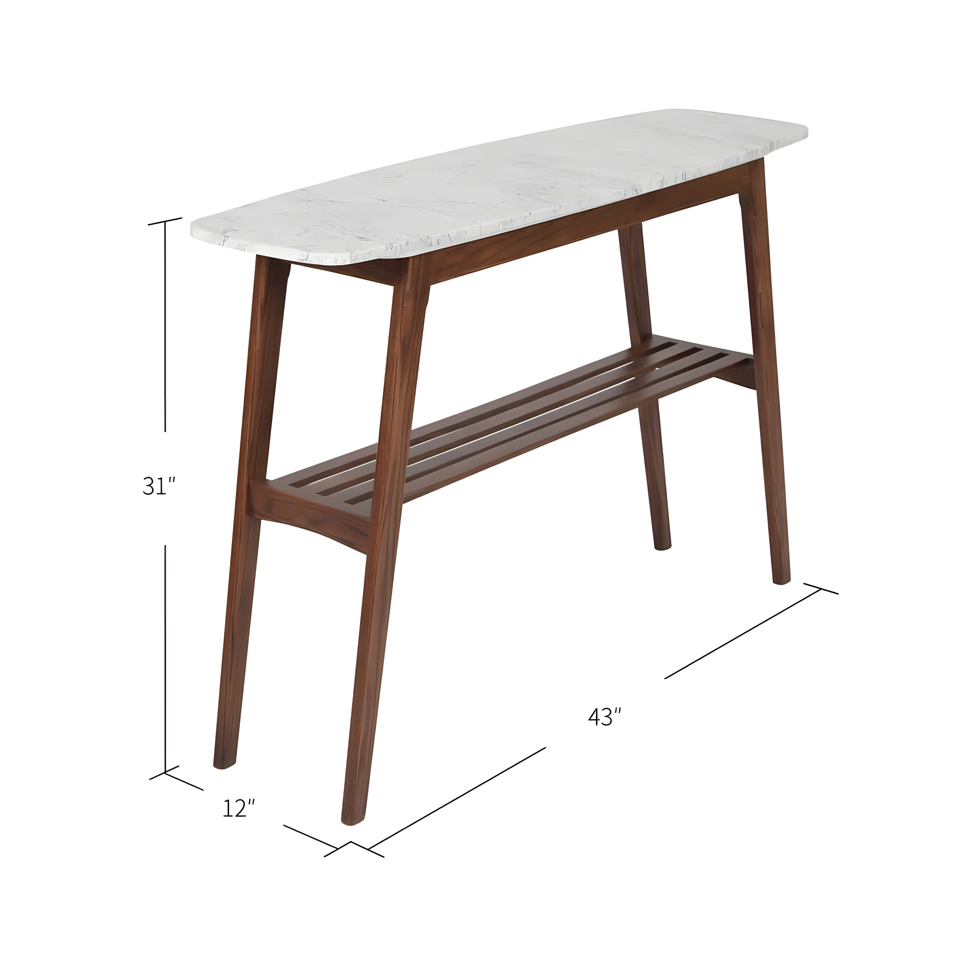 The Bianco Collection Castello 43" Rectangular Italian Carrara White Marble Console Table with Walnut Shelf