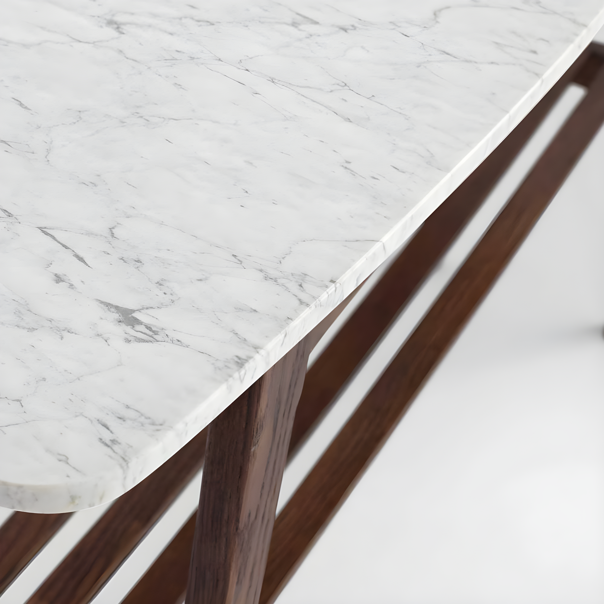 The Bianco Collection Castello 43" Rectangular Italian Carrara White Marble Console Table with Walnut Shelf
