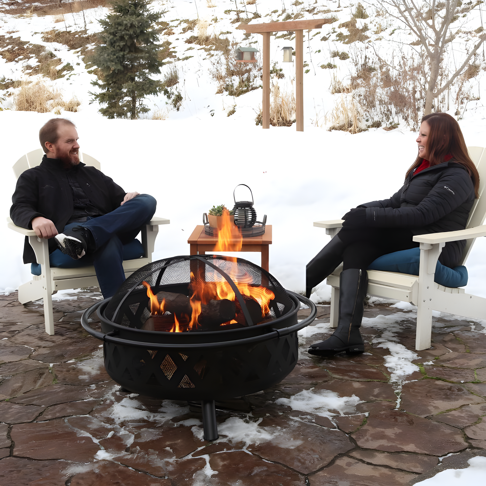 Sunnydaze Outdoor Camping or Backyard Round Crossweave Cut Out Fire Pit with Spark Screen, Log Poker, and Cover - 36"