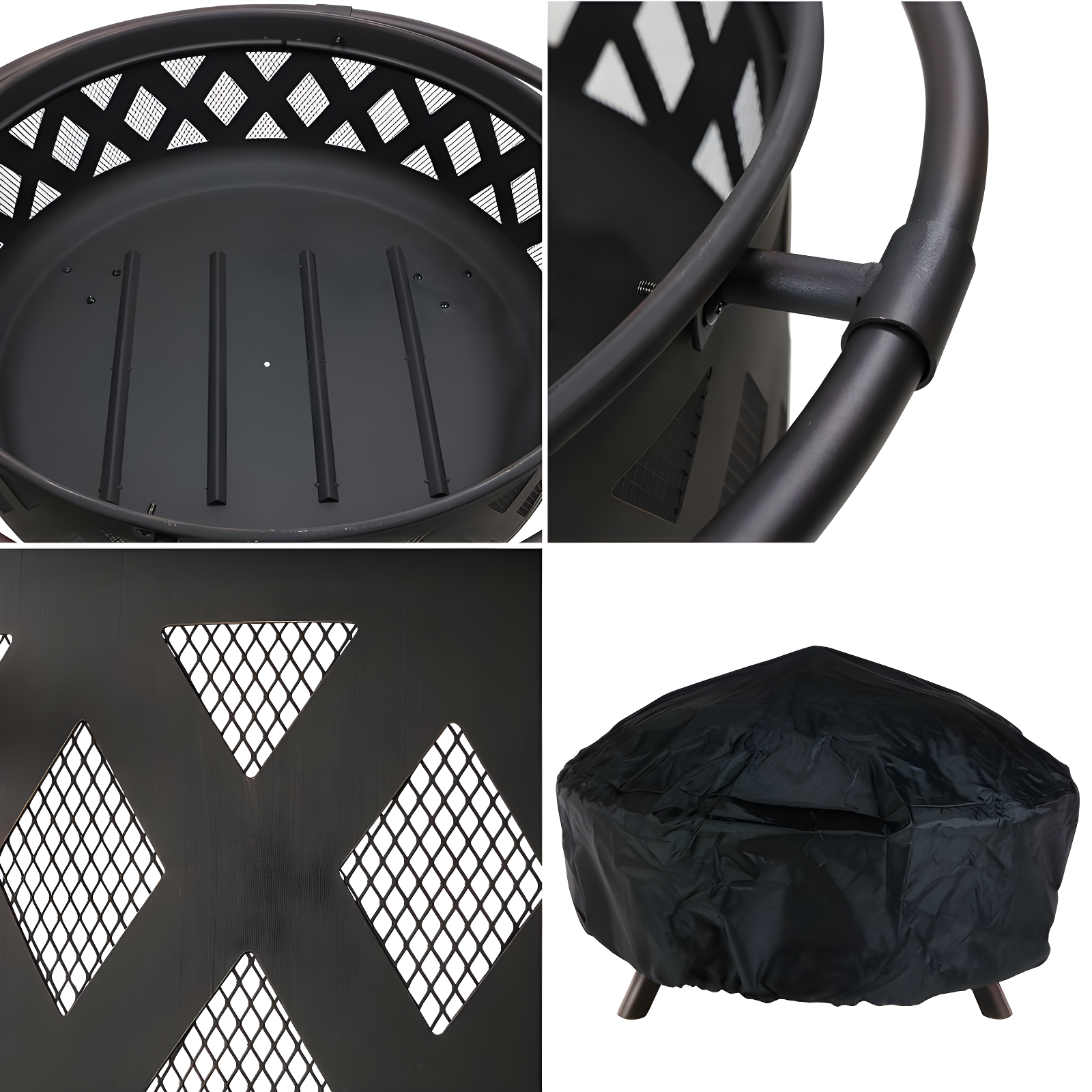 Sunnydaze Outdoor Camping or Backyard Round Crossweave Cut Out Fire Pit with Spark Screen, Log Poker, and Cover - 36"