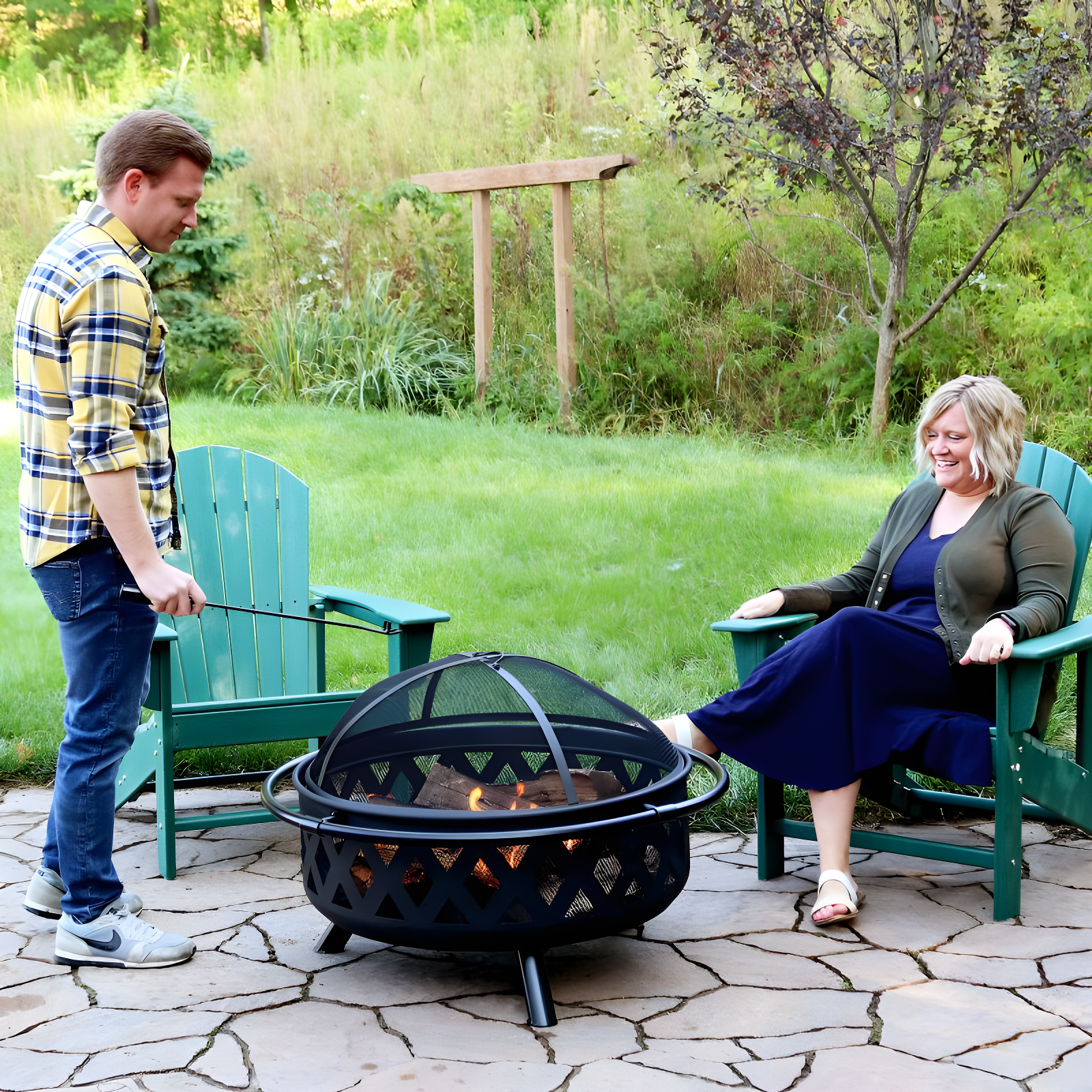 Sunnydaze Outdoor Camping or Backyard Round Crossweave Cut Out Fire Pit with Spark Screen, Log Poker, and Cover - 36"