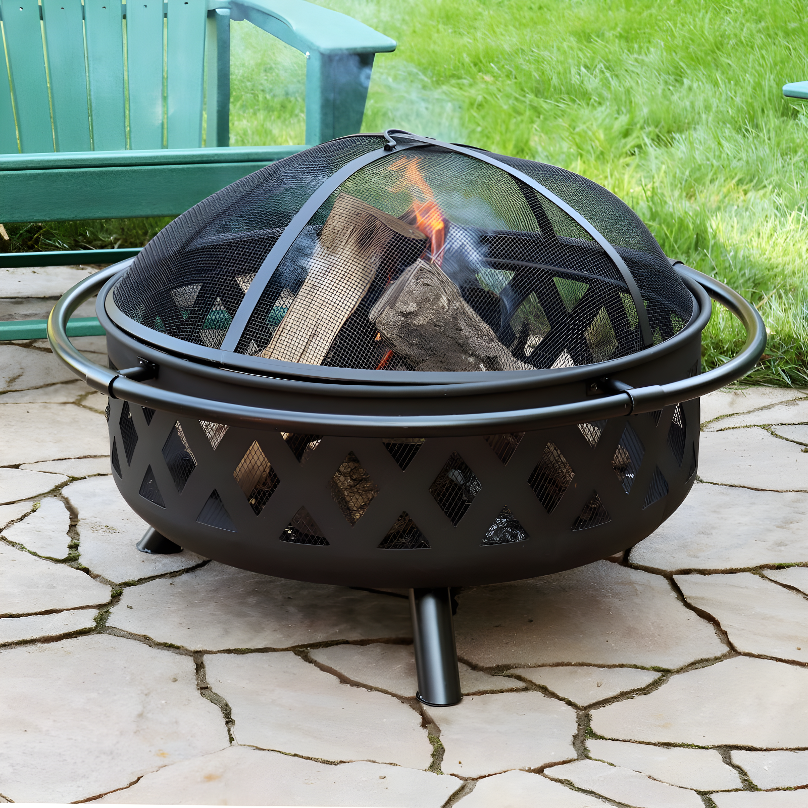 Sunnydaze Outdoor Camping or Backyard Round Crossweave Cut Out Fire Pit with Spark Screen, Log Poker, and Cover - 36"
