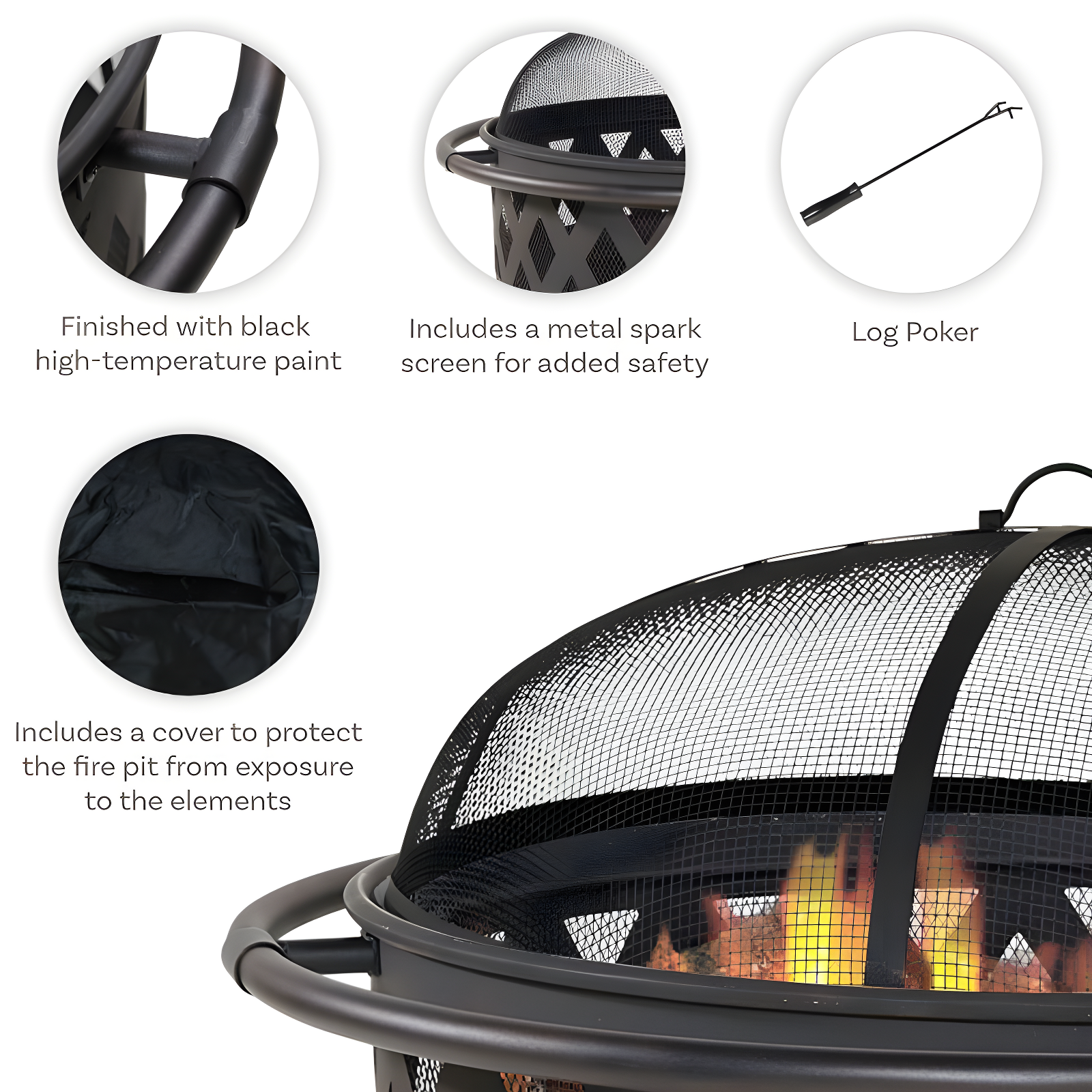 Sunnydaze Outdoor Camping or Backyard Round Crossweave Cut Out Fire Pit with Spark Screen, Log Poker, and Cover - 36"