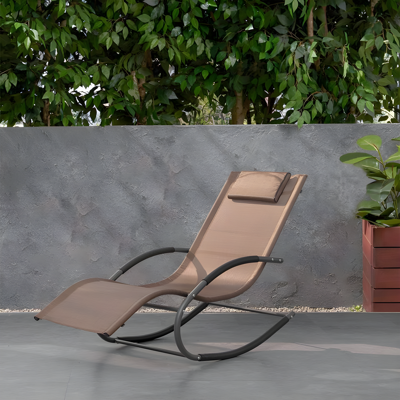 Outdoor Curved Rocker Chaise Lounge Chair with Pillow - Brown - Crestlive Products: UV & Fade-Resistant, Steel Frame Patio Furniture
