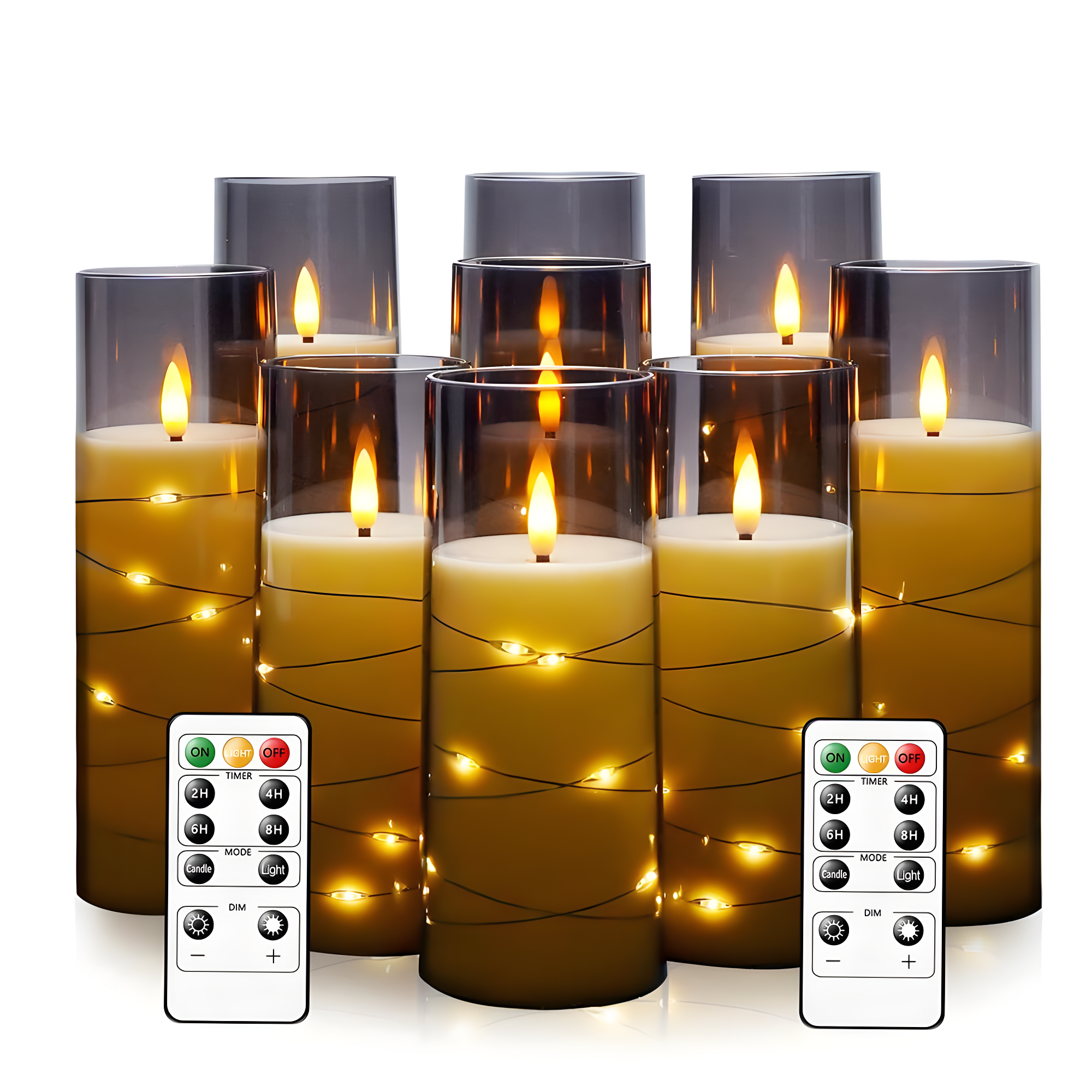 Raycare Flameless LED Candles with Embedded Star String, 9 Pcs Battery Operated Acrylic Pillar Candles with Timer and Remote, Flickering for Romantic Ambiance and Home Decoration (Grey)