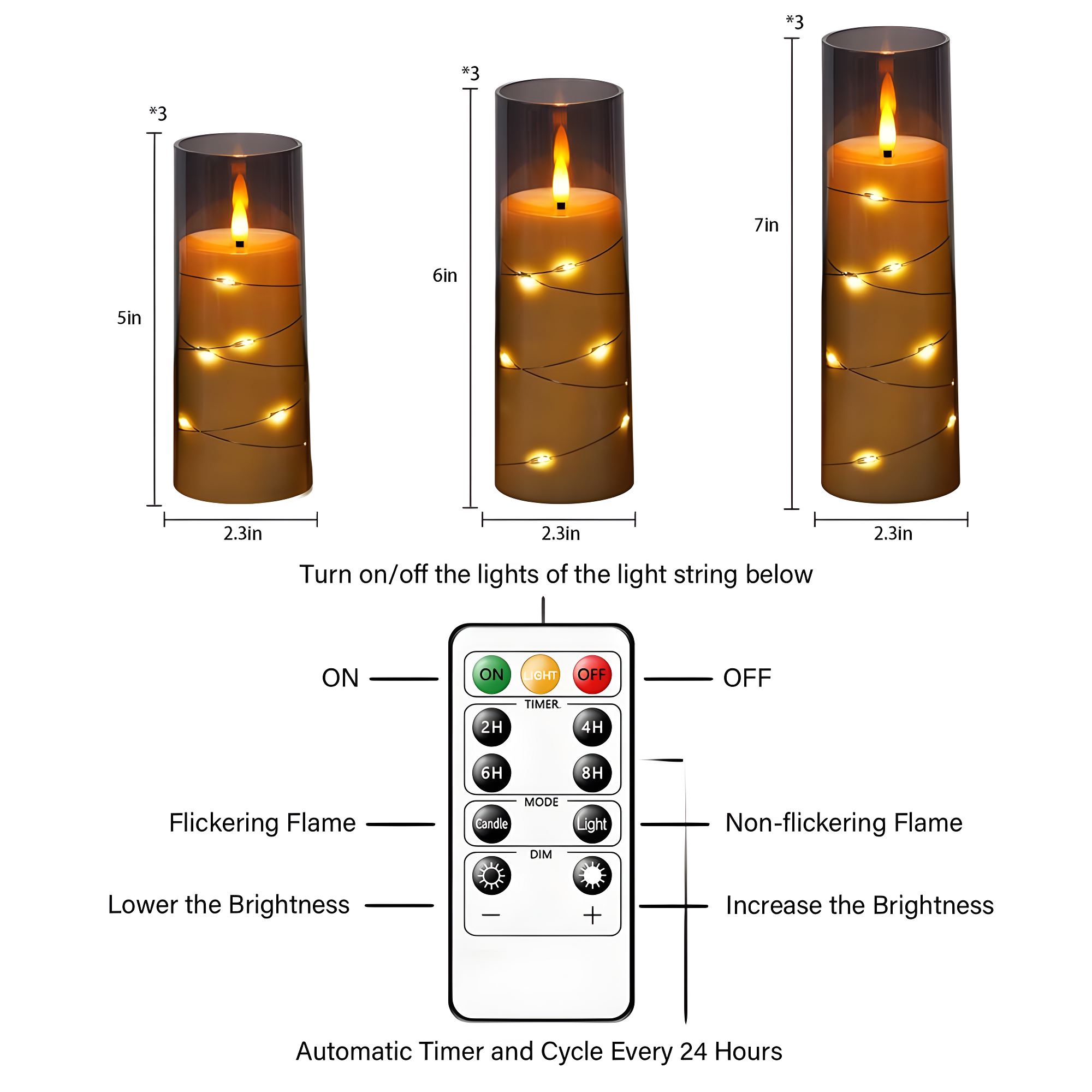 Raycare Flameless LED Candles with Embedded Star String, 9 Pcs Battery Operated Acrylic Pillar Candles with Timer and Remote, Flickering for Romantic Ambiance and Home Decoration (Grey)