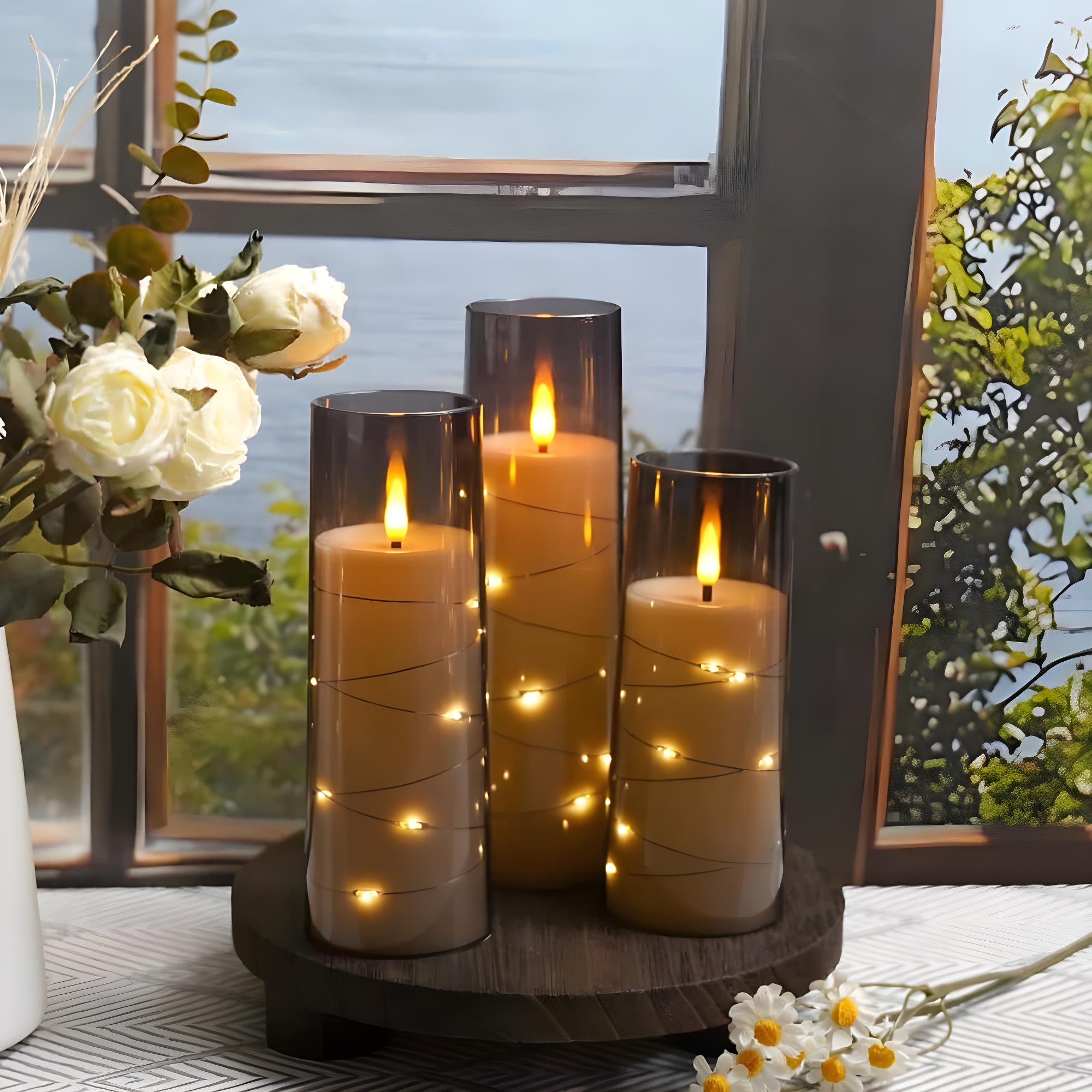 Raycare Flameless LED Candles with Embedded Star String, 9 Pcs Battery Operated Acrylic Pillar Candles with Timer and Remote, Flickering for Romantic Ambiance and Home Decoration (Grey)