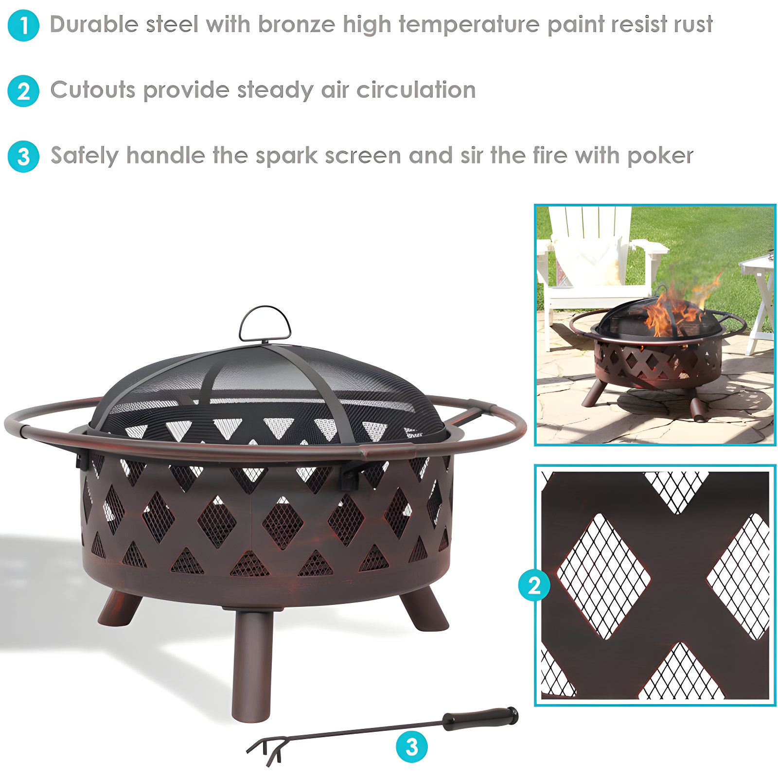 Alcott Hill® Mast Round Wood-Burning Bronze Finish Crossweave Fire Pit with Screen and Poker