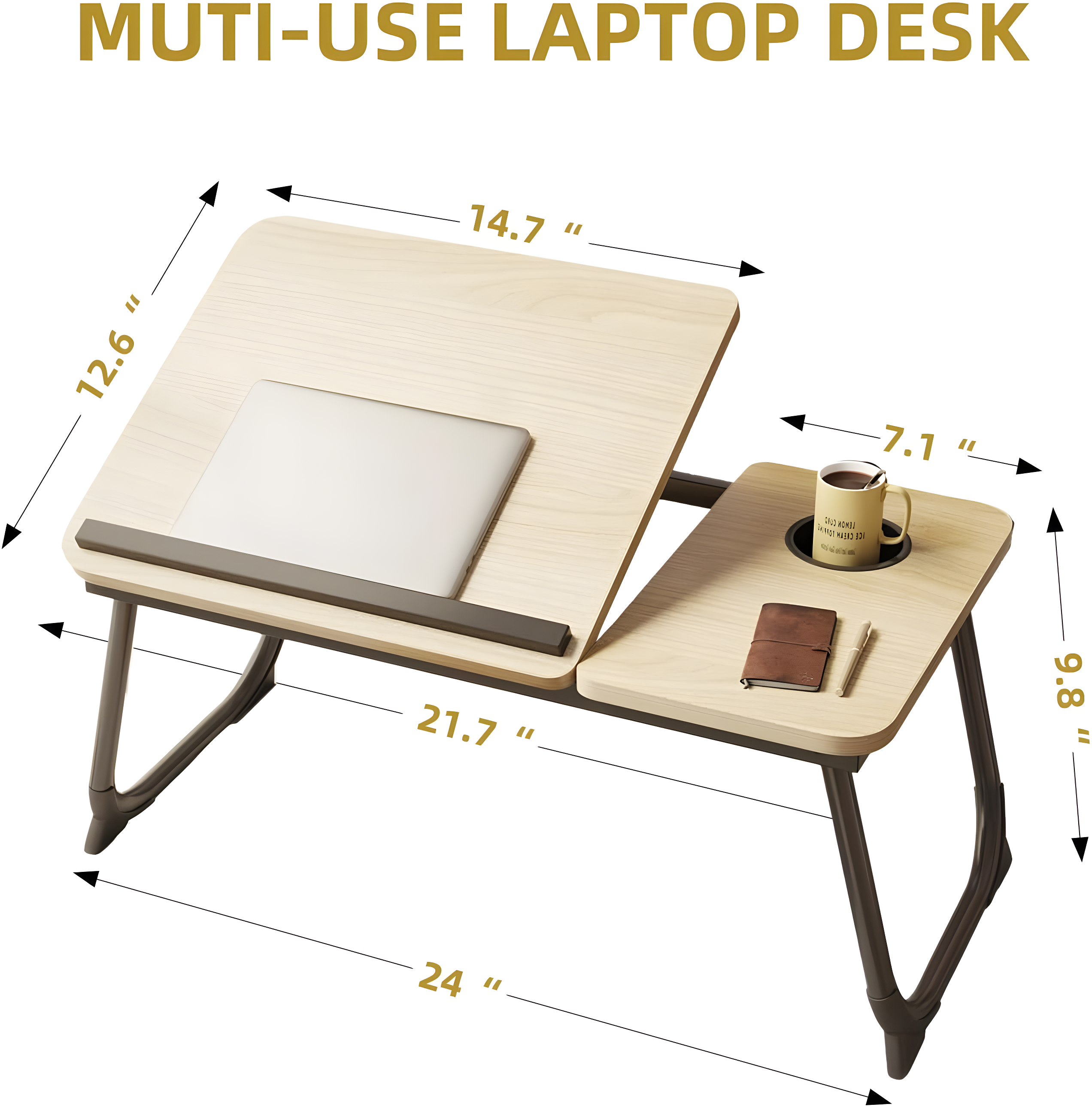 Bed Desk for Laptop, Foldable Laptop Table for Bed and Sofa, Bed Trays for Eating and Laptops with Cup Holder, 5 Levels of Adjustable Height