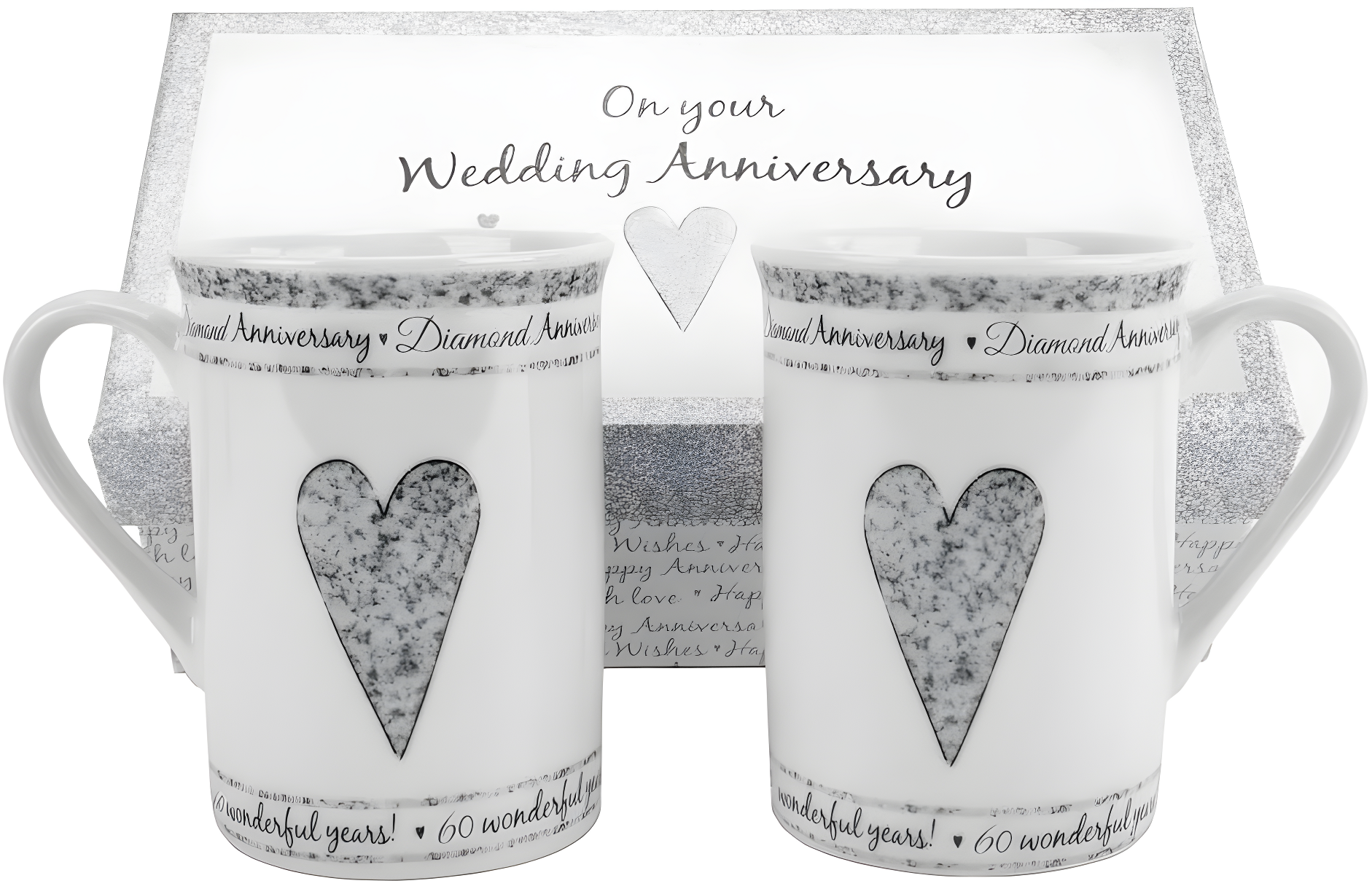 Beautifully Designed 60th Diamond Wedding Anniversary Set of Ceramic Mugs with Hearts | Dishwasher and Microwave Safe with Decorative Keepsake Box