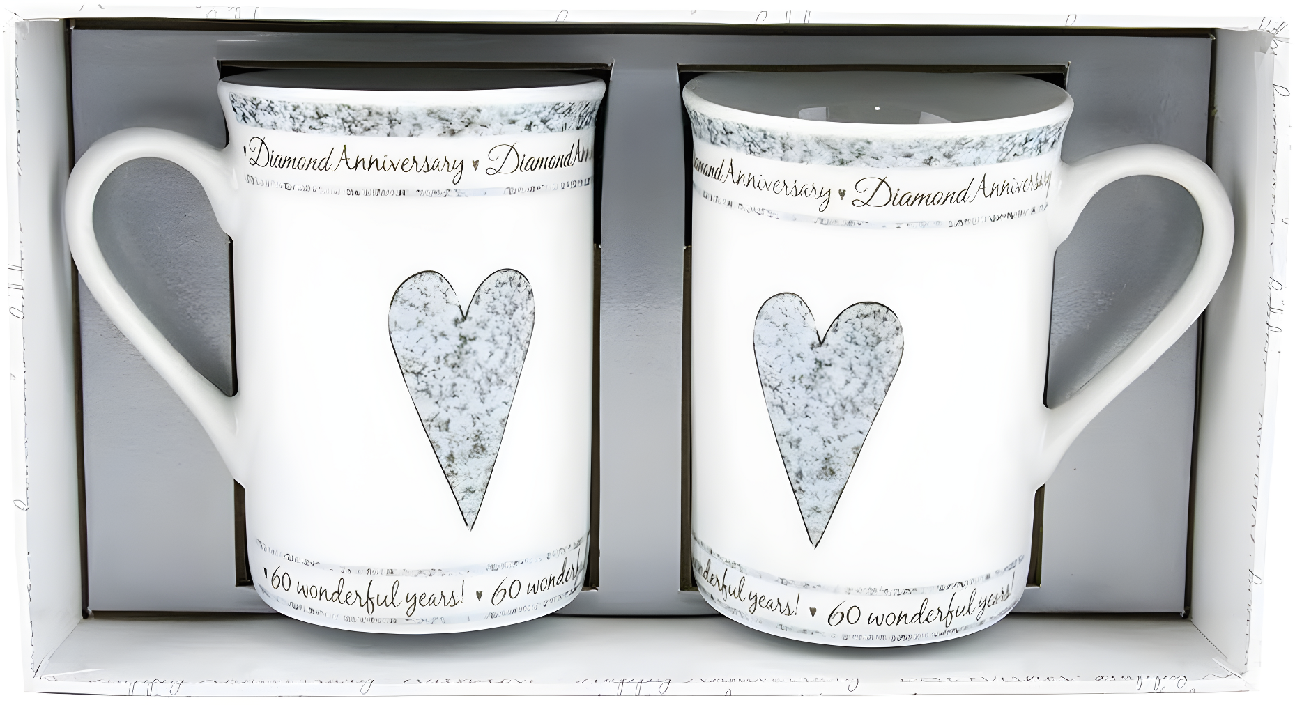 Beautifully Designed 60th Diamond Wedding Anniversary Set of Ceramic Mugs with Hearts | Dishwasher and Microwave Safe with Decorative Keepsake Box