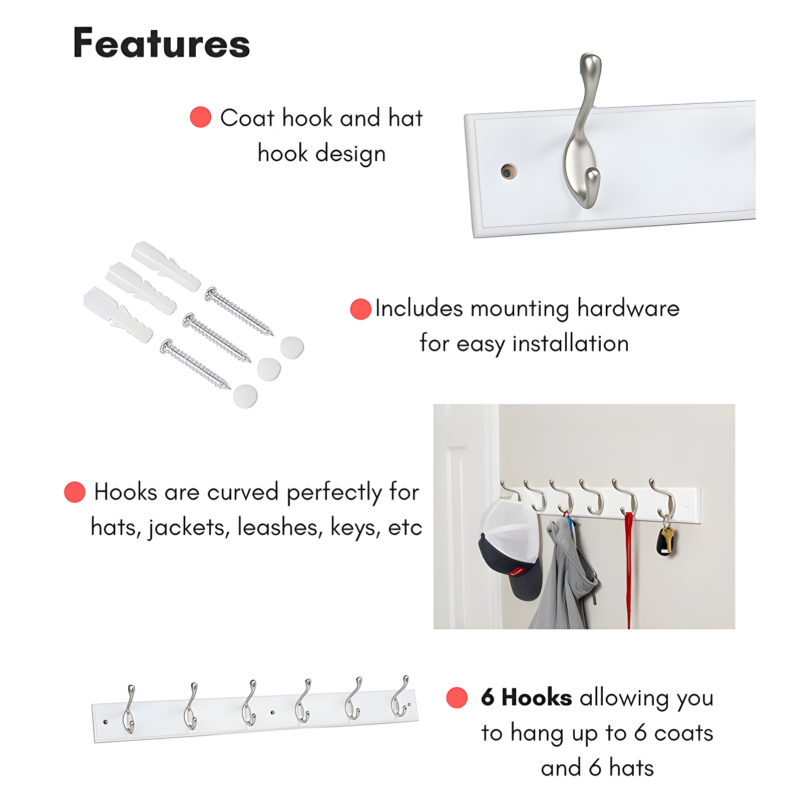 Wall 6 - Hook Wall Mounted Coat Rack