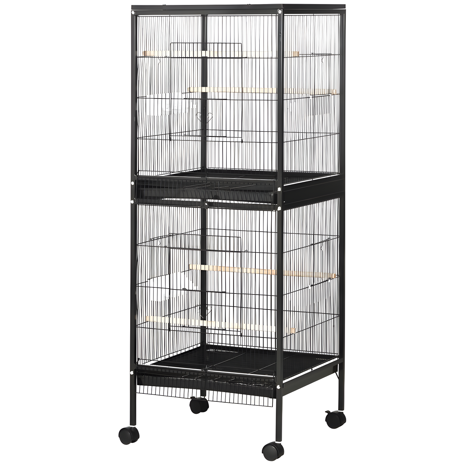 PawHut 55" 2 In 1 Bird Cage Aviary Parakeet House for finches, budgies with Wheels, Slide-out Trays, Wood Perch, Food Containers, Black
