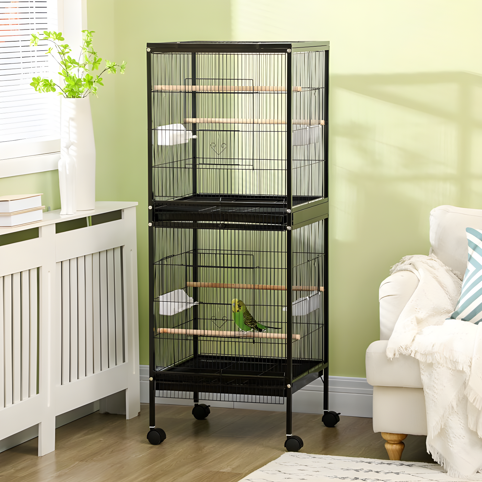 PawHut 55" 2 In 1 Bird Cage Aviary Parakeet House for finches, budgies with Wheels, Slide-out Trays, Wood Perch, Food Containers, Black