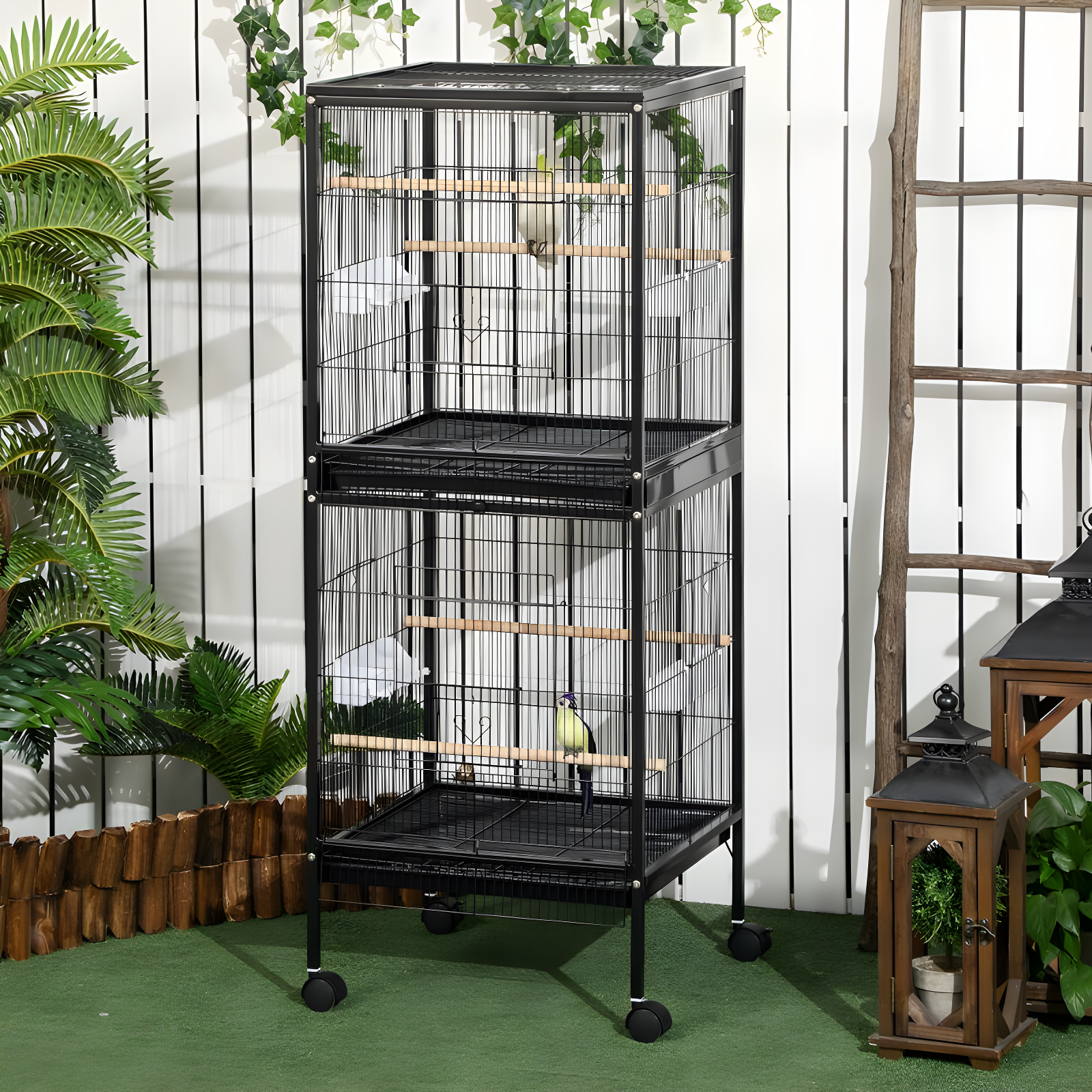 PawHut 55" 2 In 1 Bird Cage Aviary Parakeet House for finches, budgies with Wheels, Slide-out Trays, Wood Perch, Food Containers, Black