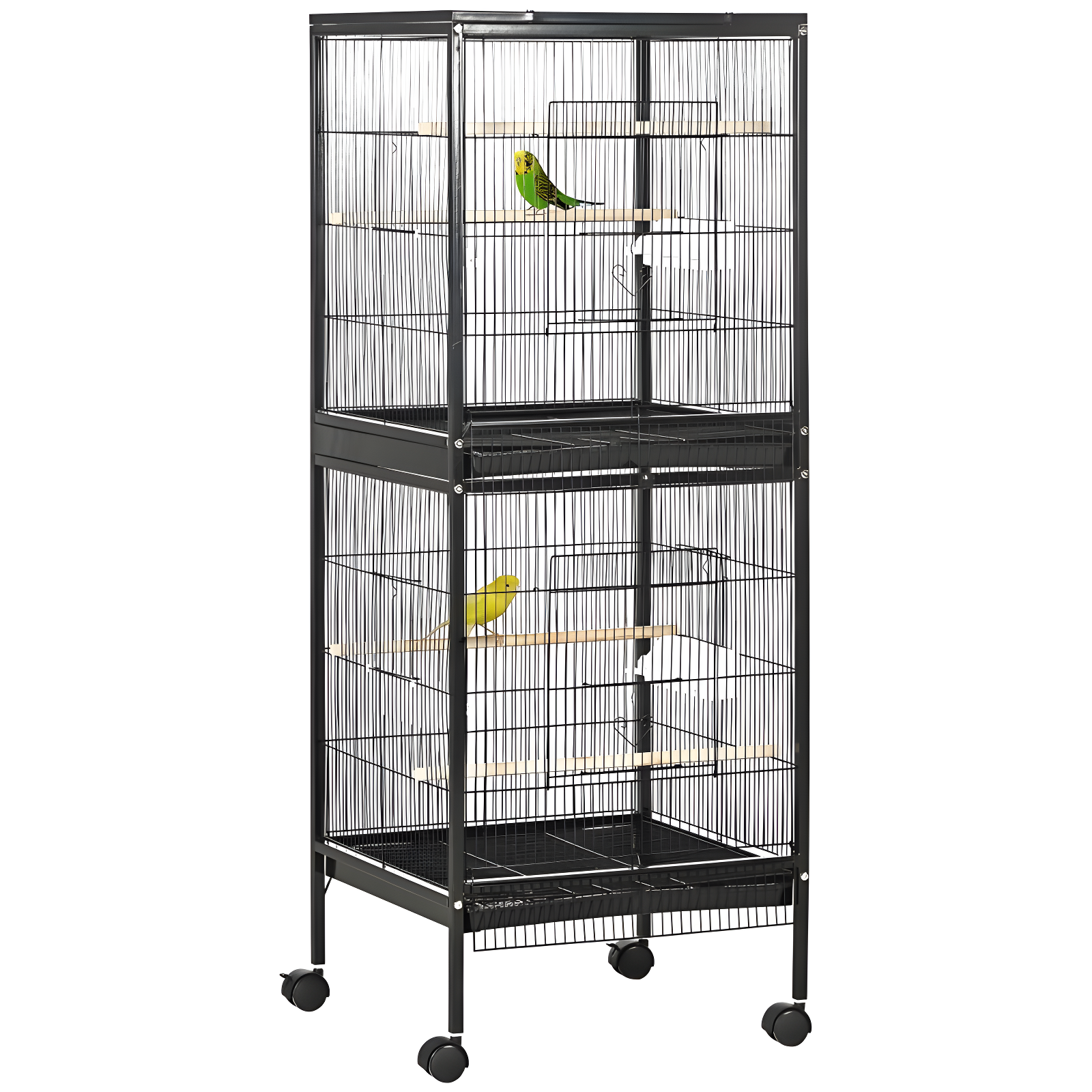 PawHut 55" 2 In 1 Bird Cage Aviary Parakeet House for finches, budgies with Wheels, Slide-out Trays, Wood Perch, Food Containers, Black