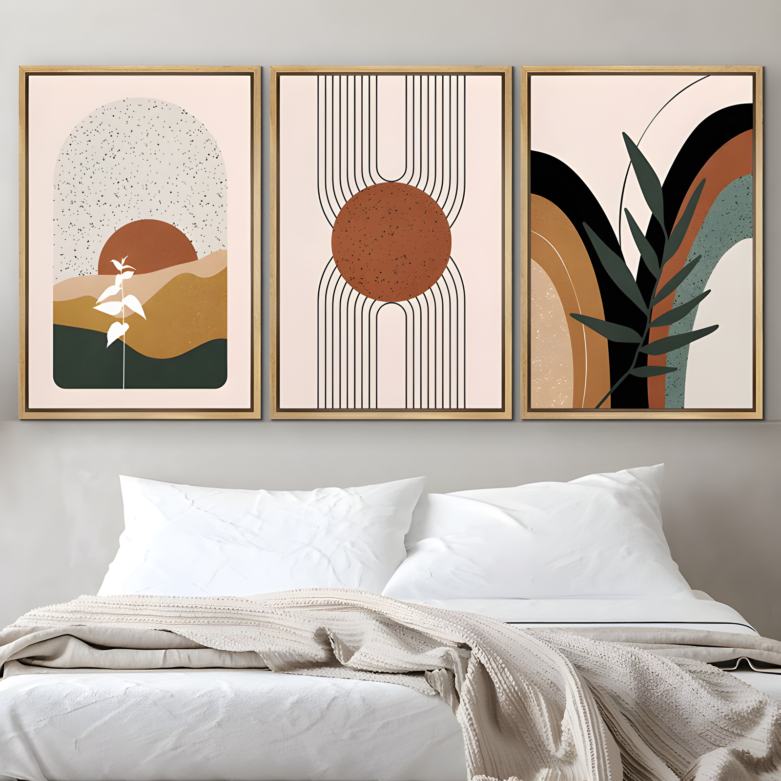 Mid Century Modern Boho IDEA4WALL Framed Canvas Print Wall Art Set Geometric Tropical Landscape Abstract Shapes Illustrations Minimalism Bohemian Decorative For Living Room, Bedroom, Office - 24"X36"X3 Natural