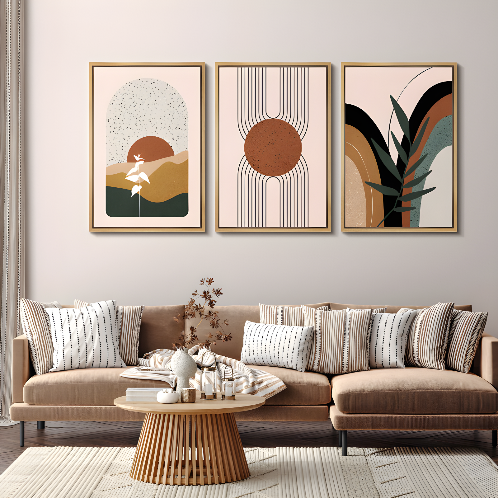 Mid Century Modern Boho IDEA4WALL Framed Canvas Print Wall Art Set Geometric Tropical Landscape Abstract Shapes Illustrations Minimalism Bohemian Decorative For Living Room, Bedroom, Office - 24"X36"X3 Natural