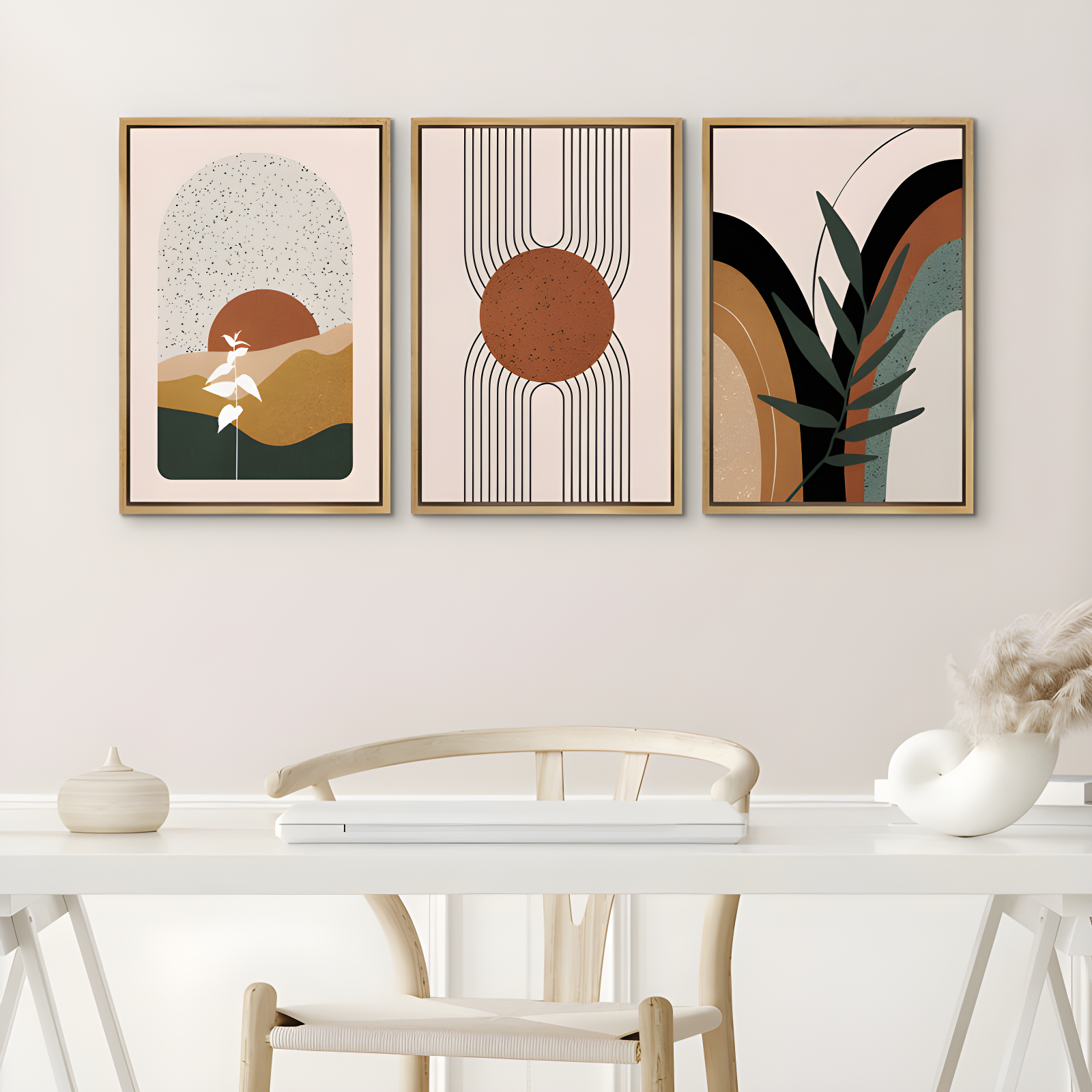 Mid Century Modern Boho IDEA4WALL Framed Canvas Print Wall Art Set Geometric Tropical Landscape Abstract Shapes Illustrations Minimalism Bohemian Decorative For Living Room, Bedroom, Office - 24"X36"X3 Natural