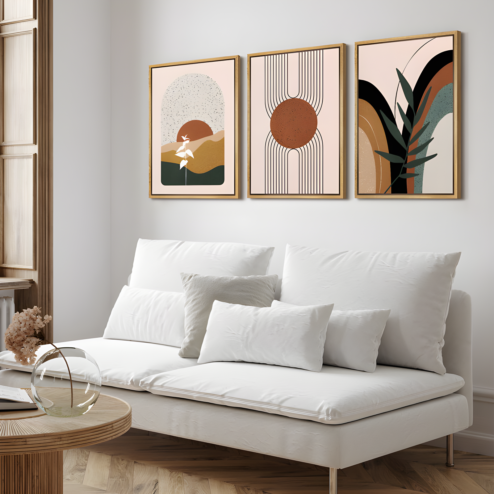 Mid Century Modern Boho IDEA4WALL Framed Canvas Print Wall Art Set Geometric Tropical Landscape Abstract Shapes Illustrations Minimalism Bohemian Decorative For Living Room, Bedroom, Office - 24"X36"X3 Natural
