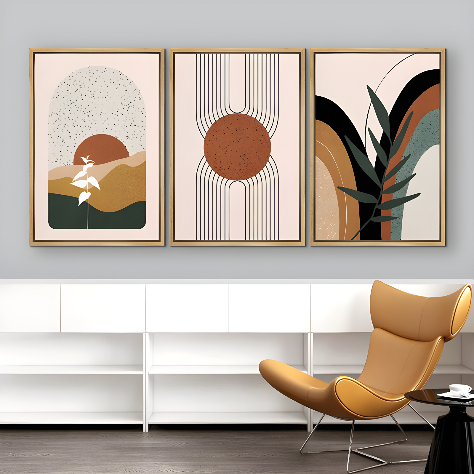 Mid Century Modern Boho IDEA4WALL Framed Canvas Print Wall Art Set Geometric Tropical Landscape Abstract Shapes Illustrations Minimalism Bohemian Decorative For Living Room, Bedroom, Office - 24"X36"X3 Natural