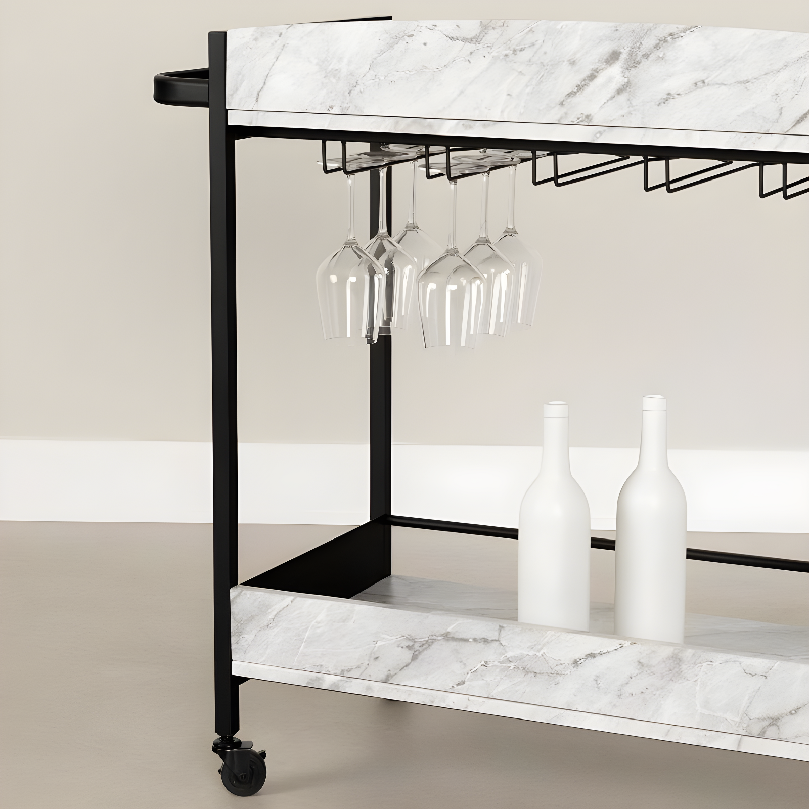 City Life Bar Cart with Wine Glass Rack Black/Faux Carrara Marble - South Shore