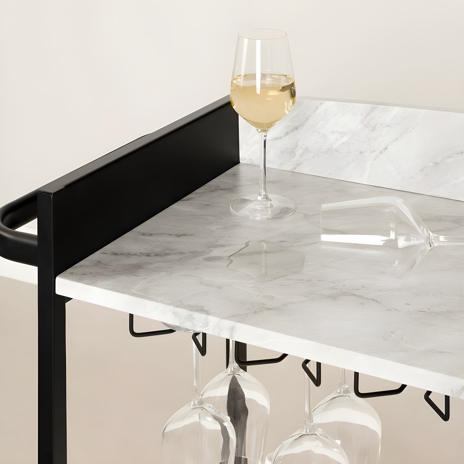 City Life Bar Cart with Wine Glass Rack Black/Faux Carrara Marble - South Shore
