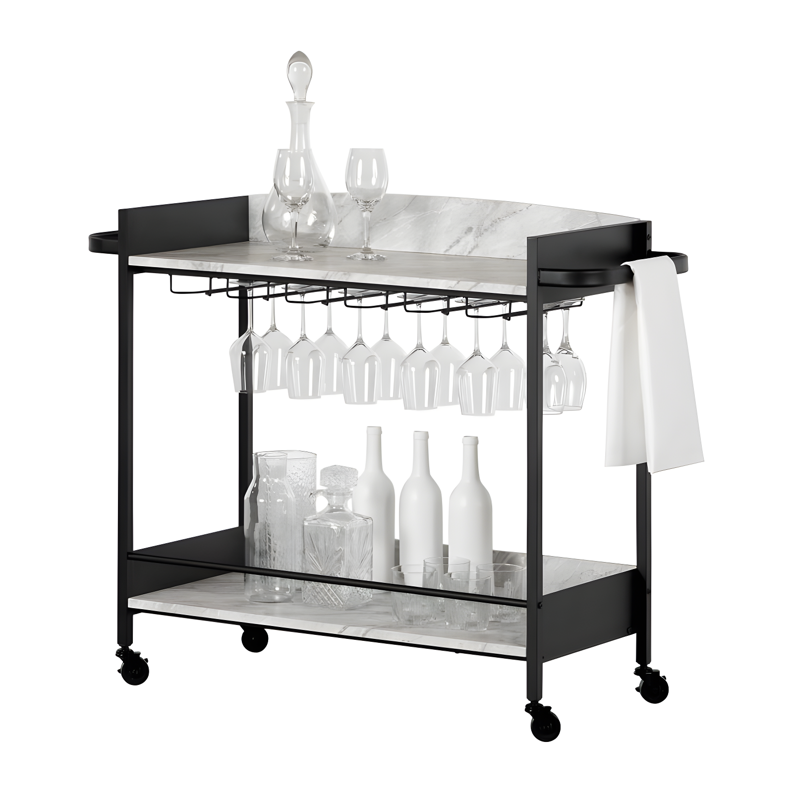 City Life Bar Cart with Wine Glass Rack Black/Faux Carrara Marble - South Shore