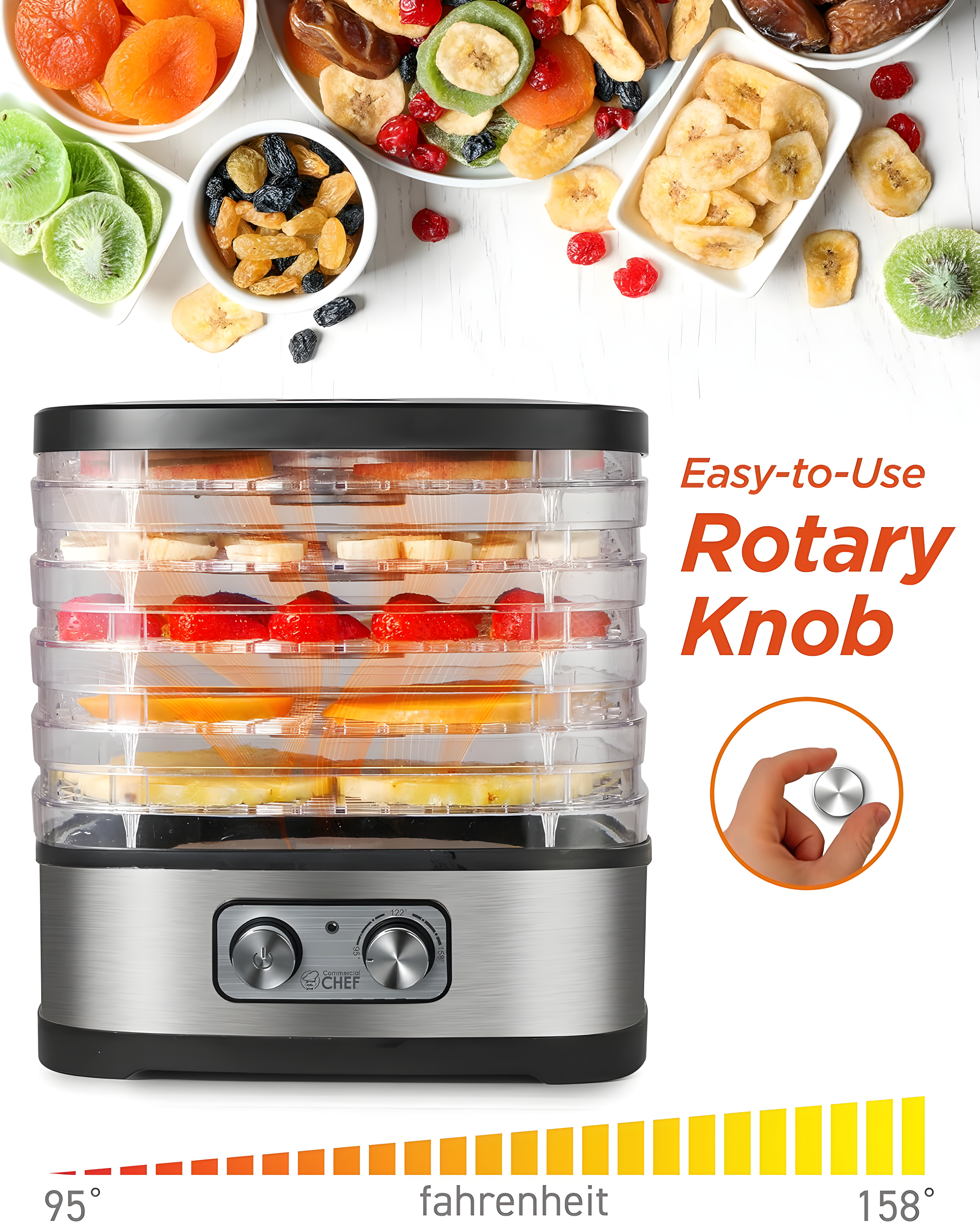 COMMERCIAL CHEF Food Dehydrator with 5 Adjustable Height Trays, Stainless Steel