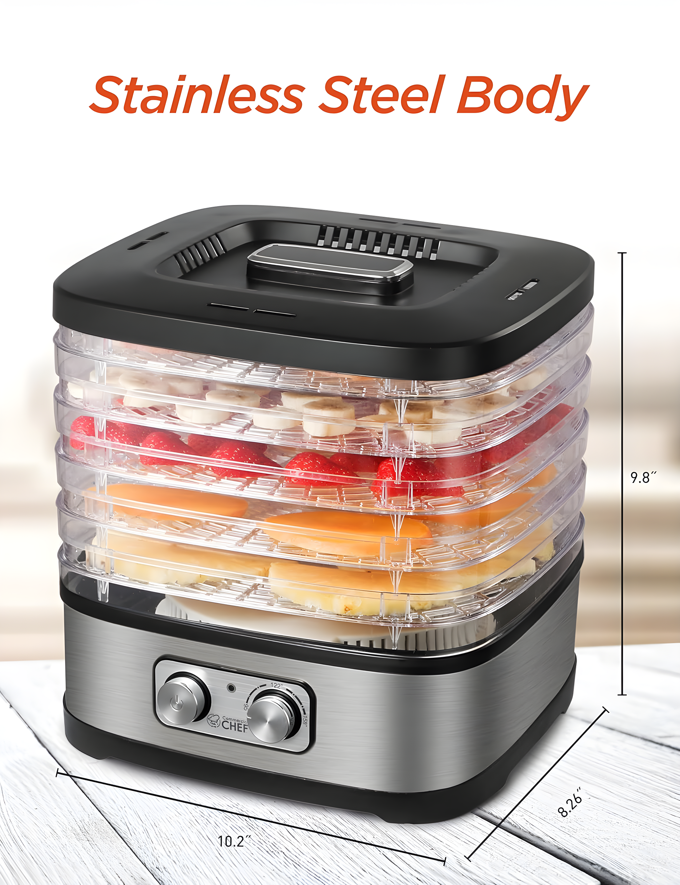 COMMERCIAL CHEF Food Dehydrator with 5 Adjustable Height Trays, Stainless Steel