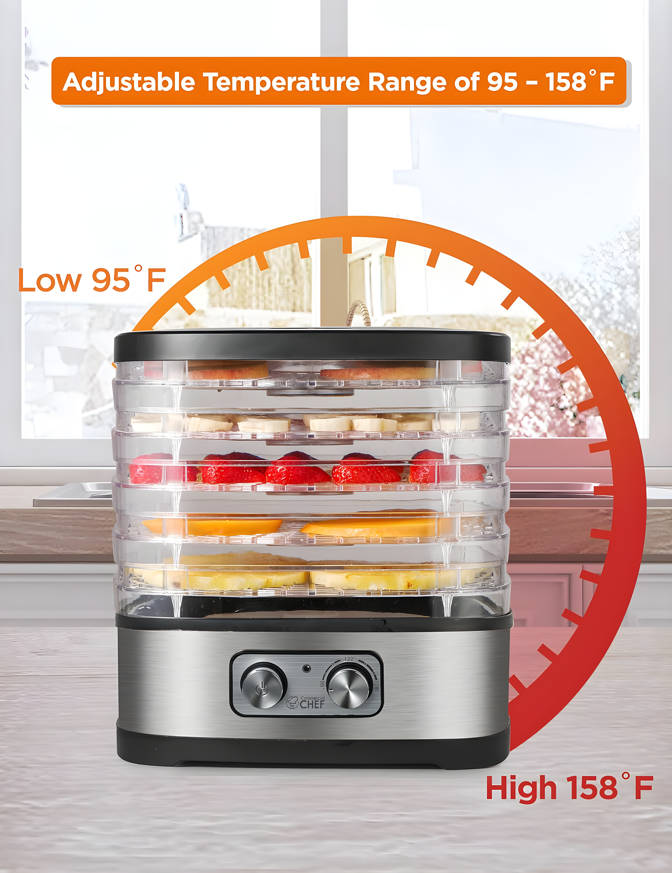 COMMERCIAL CHEF Food Dehydrator with 5 Adjustable Height Trays, Stainless Steel