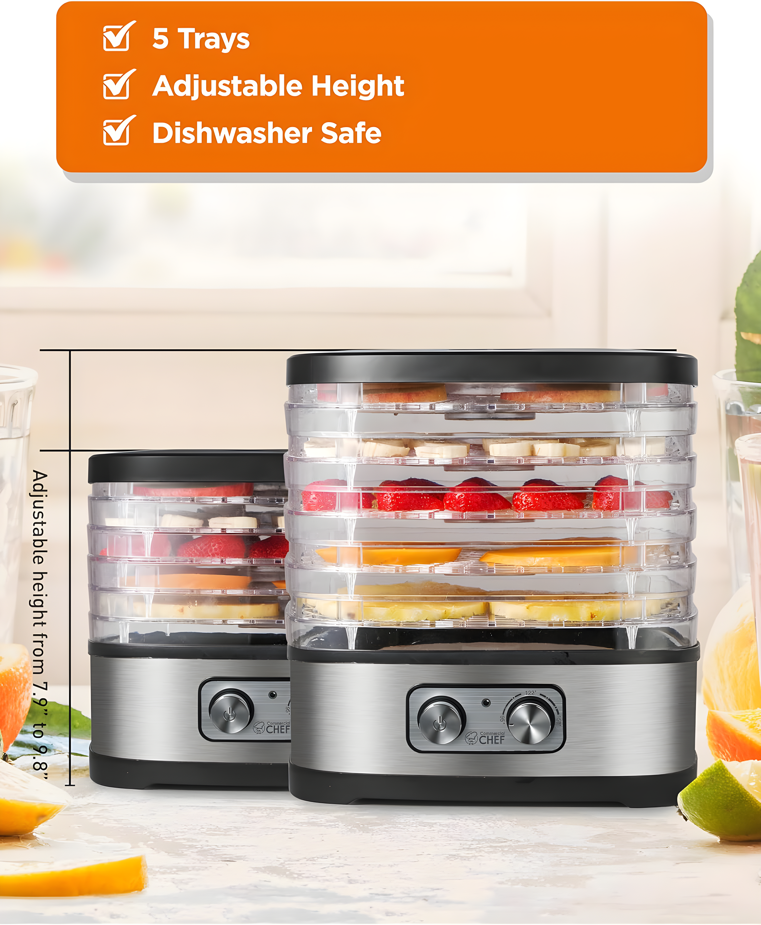 COMMERCIAL CHEF Food Dehydrator with 5 Adjustable Height Trays, Stainless Steel