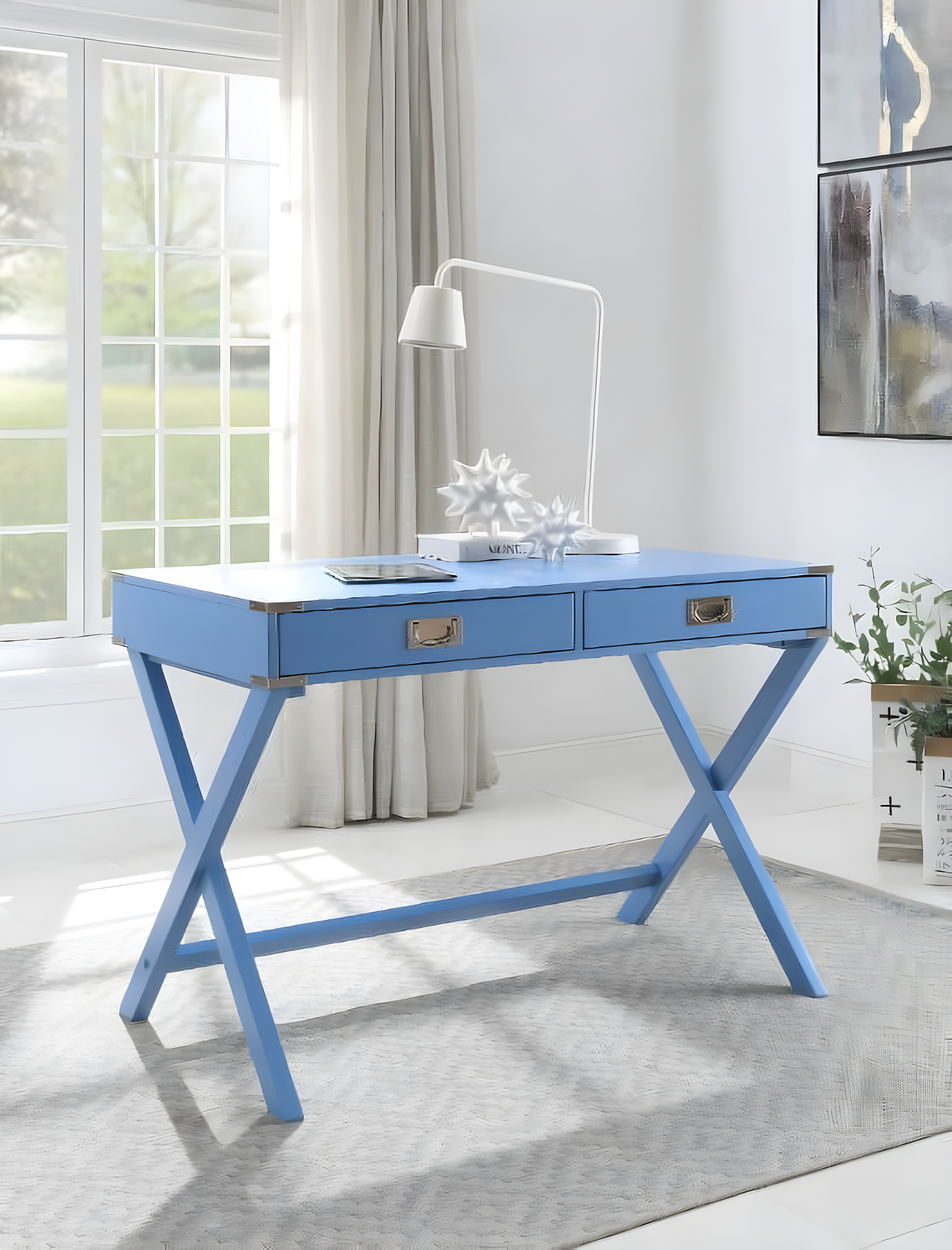 ACME Amenia Wooden Rectangular 2-Drawer Writing Desk with X-Shaped Base in Blue