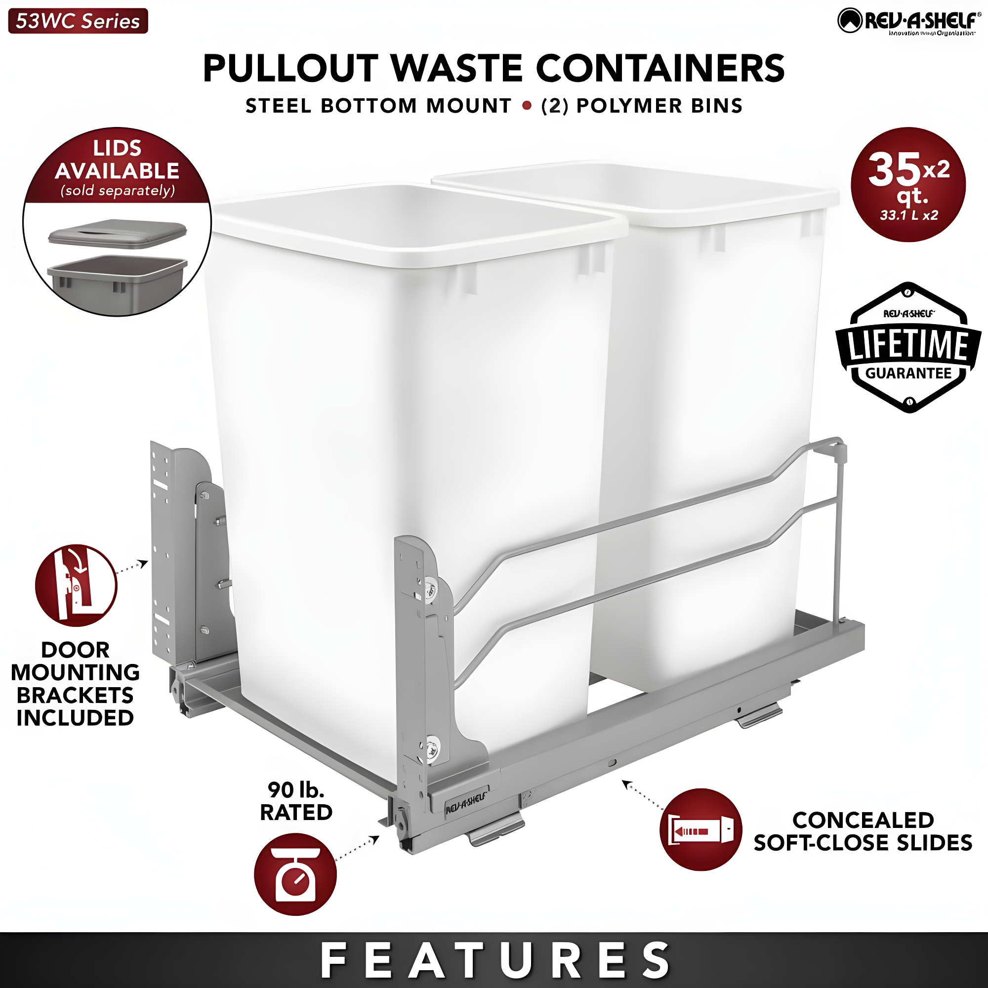Rev-A-Shelf Double Pull Out Trash Can 35 Qt with Soft-Close