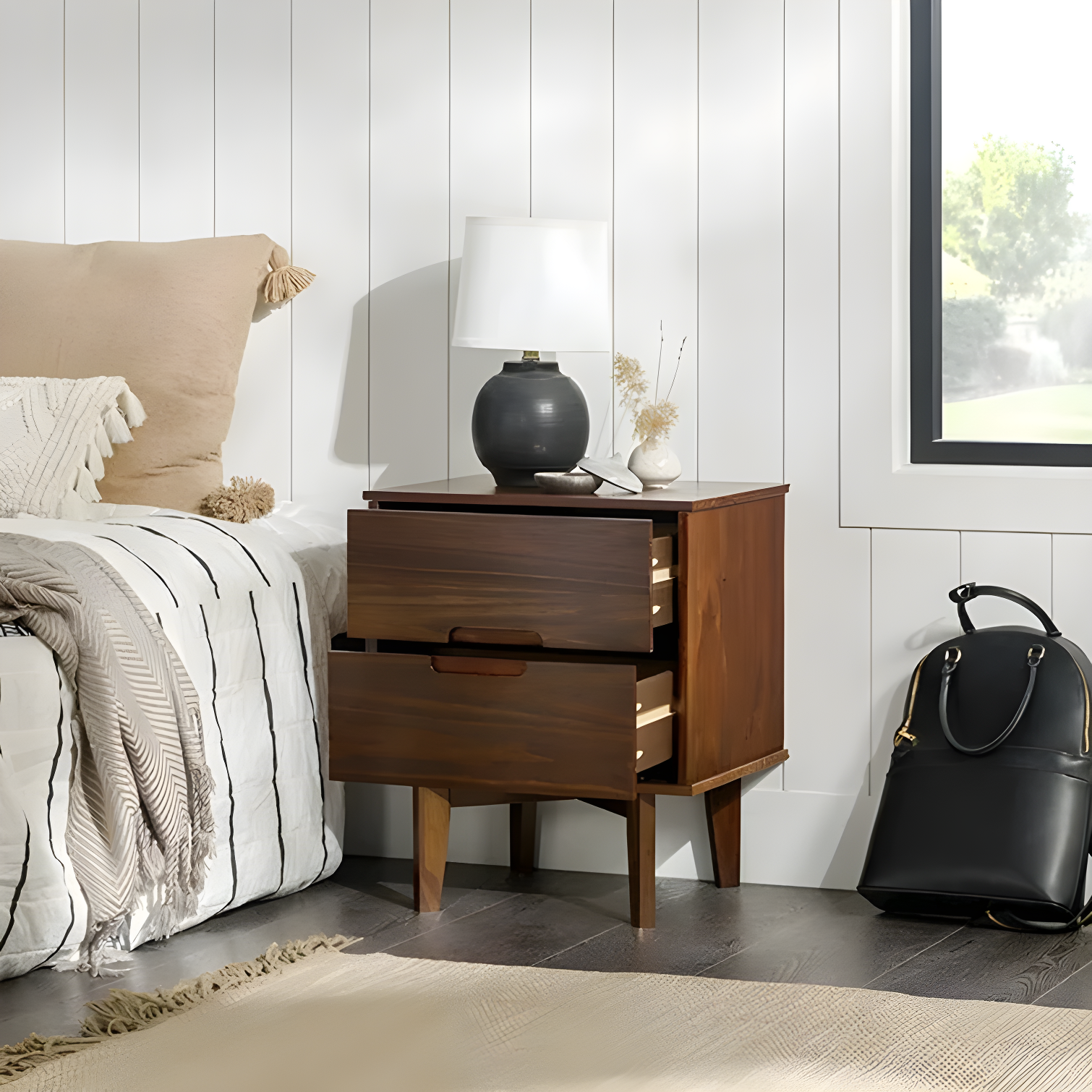 Mags Solid Wood Groove 2-Drawer Nightstand