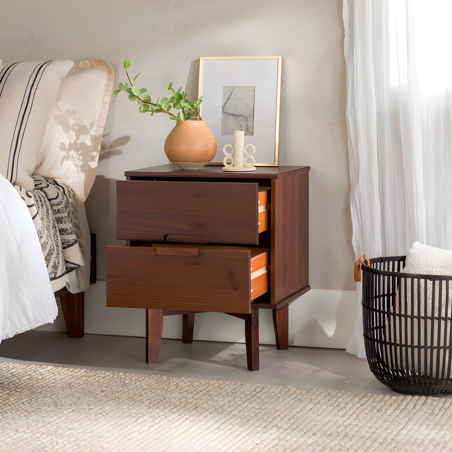 Mags Solid Wood Groove 2-Drawer Nightstand