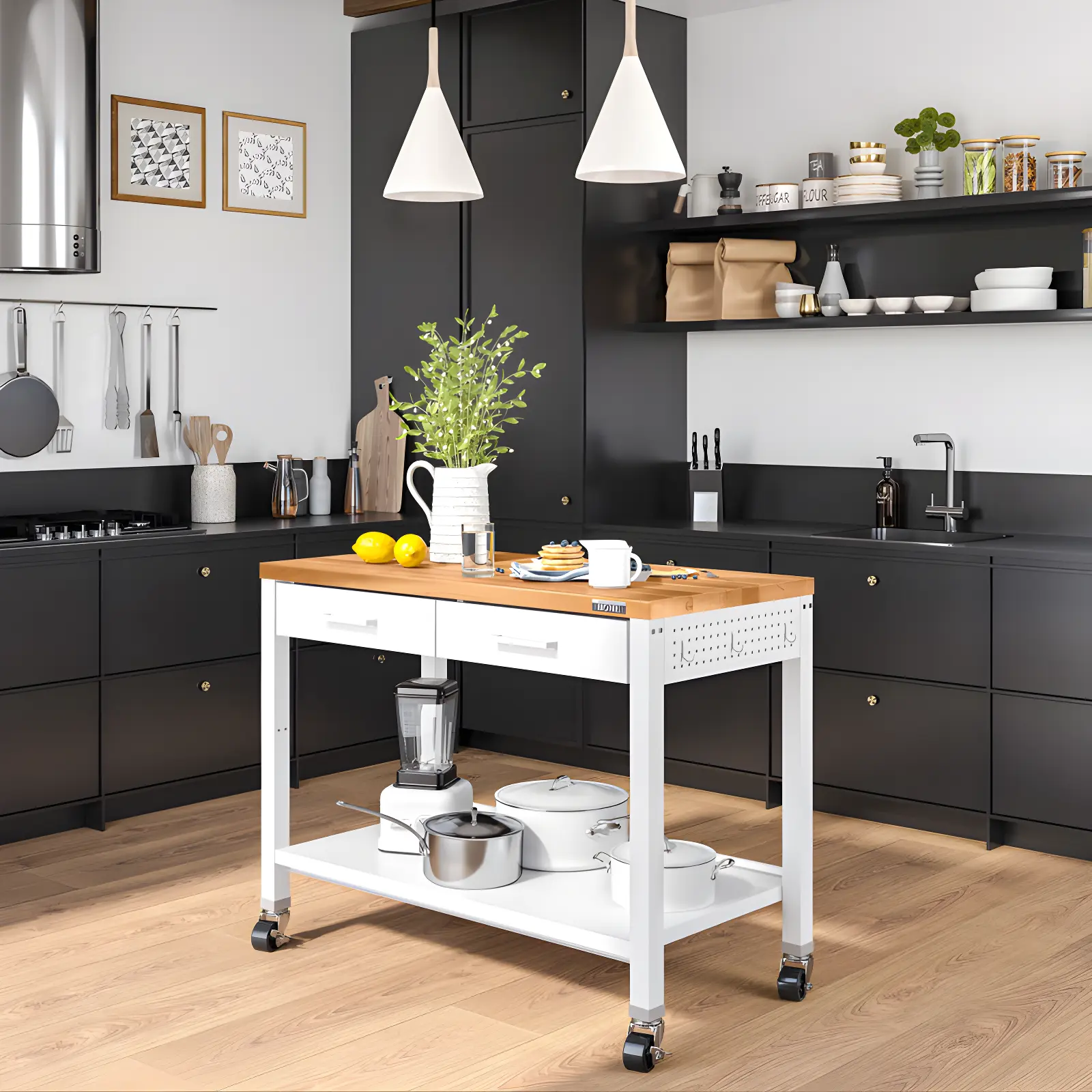 48'' Wide Stainless Steel Kitchen Rolling Cart Island with Solid Wood Top