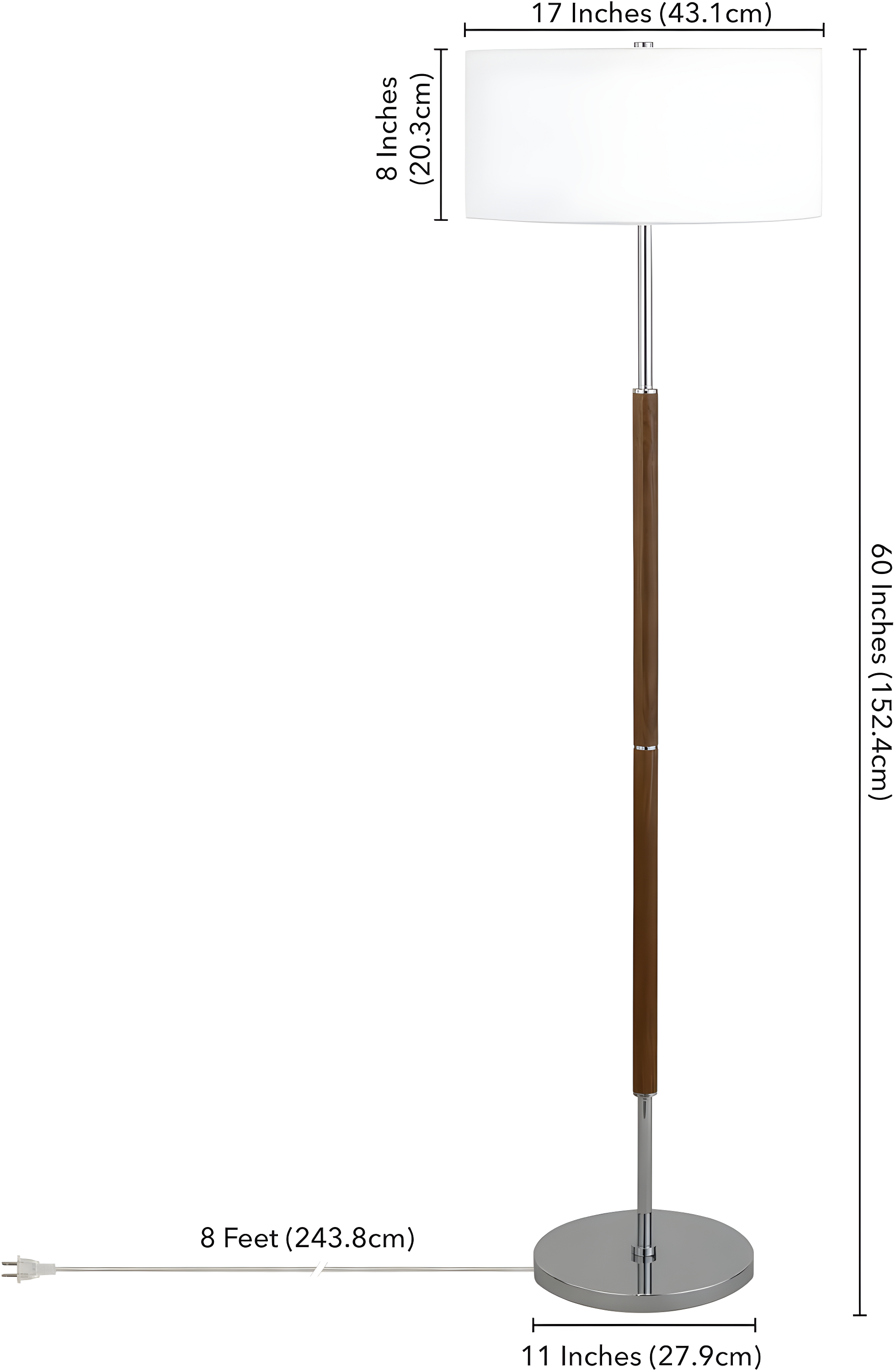 Evelyn&Zoe Simone 2-Light Floor Lamp with Fabric Shade, Rustic Oak/Polished Nickel/White