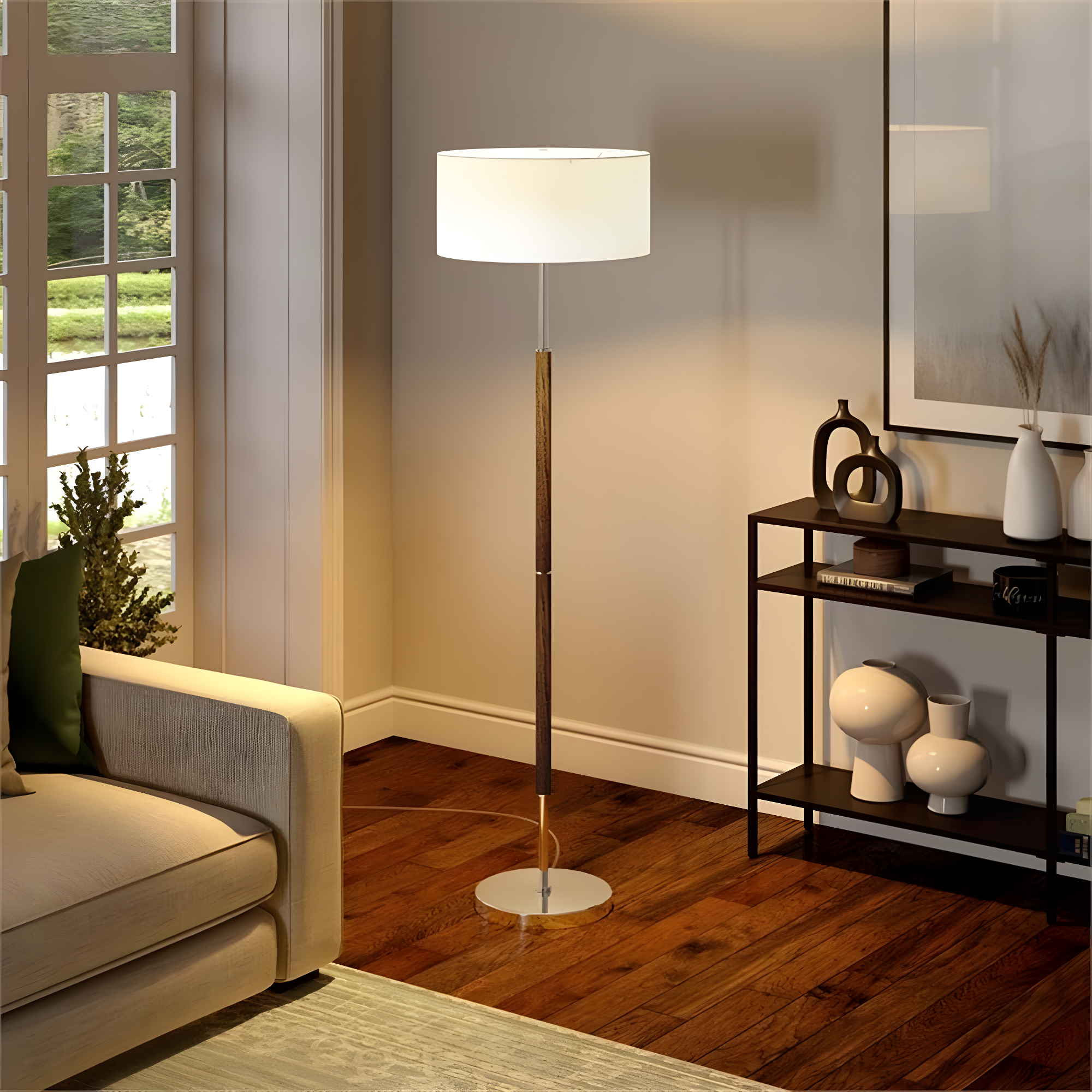 Evelyn&Zoe Simone 2-Light Floor Lamp with Fabric Shade, Rustic Oak/Polished Nickel/White