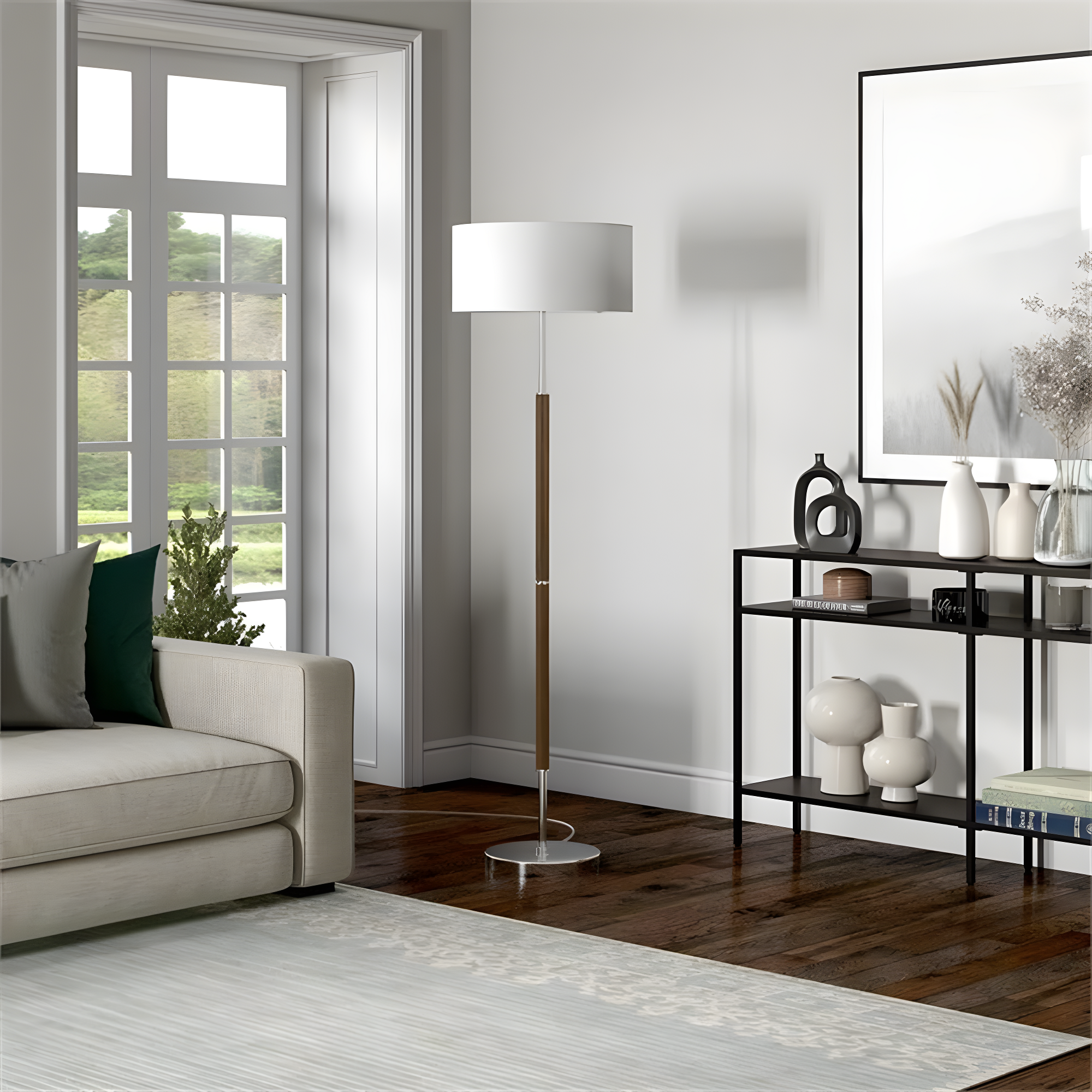 Evelyn&Zoe Simone 2-Light Floor Lamp with Fabric Shade, Rustic Oak/Polished Nickel/White