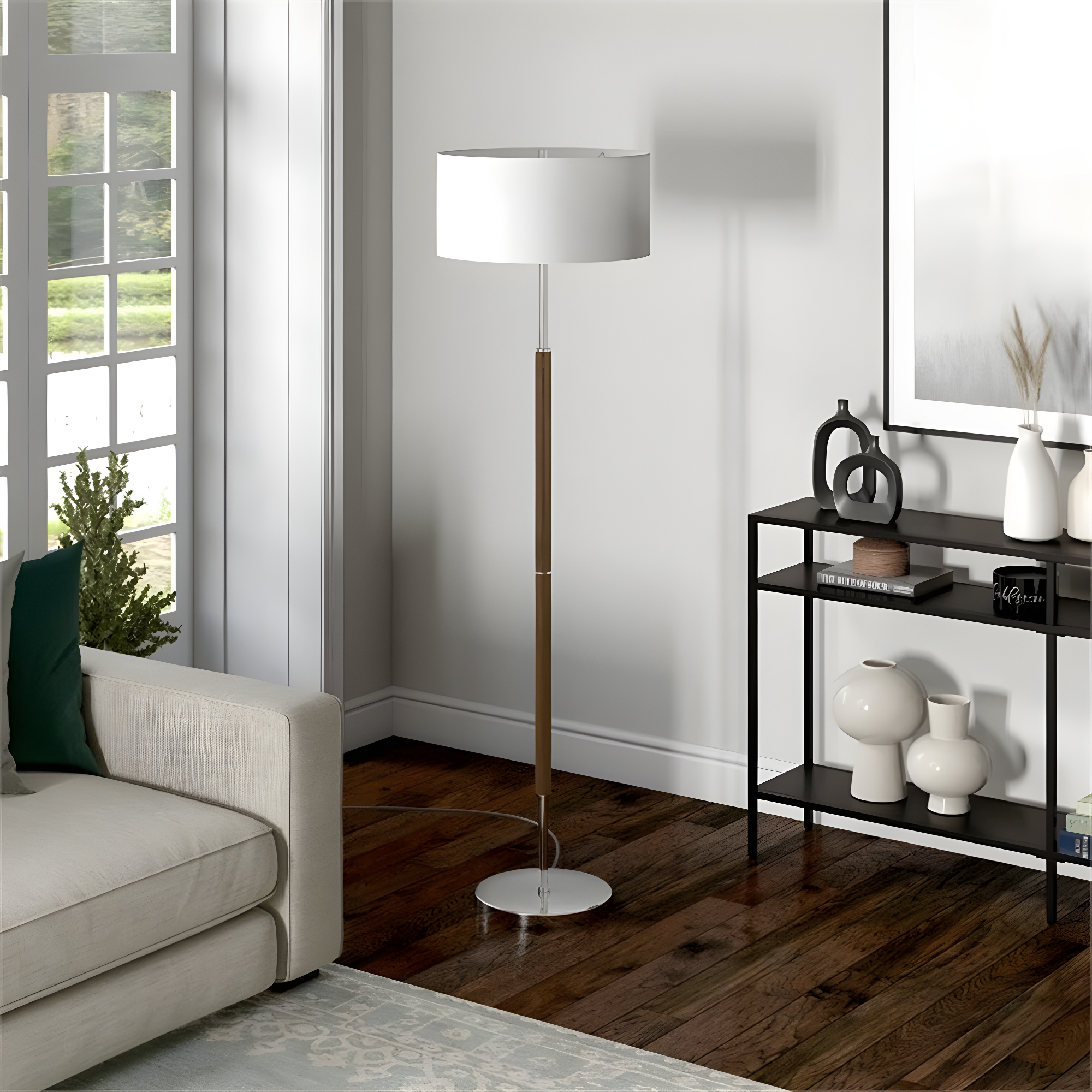 Evelyn&Zoe Simone 2-Light Floor Lamp with Fabric Shade, Rustic Oak/Polished Nickel/White