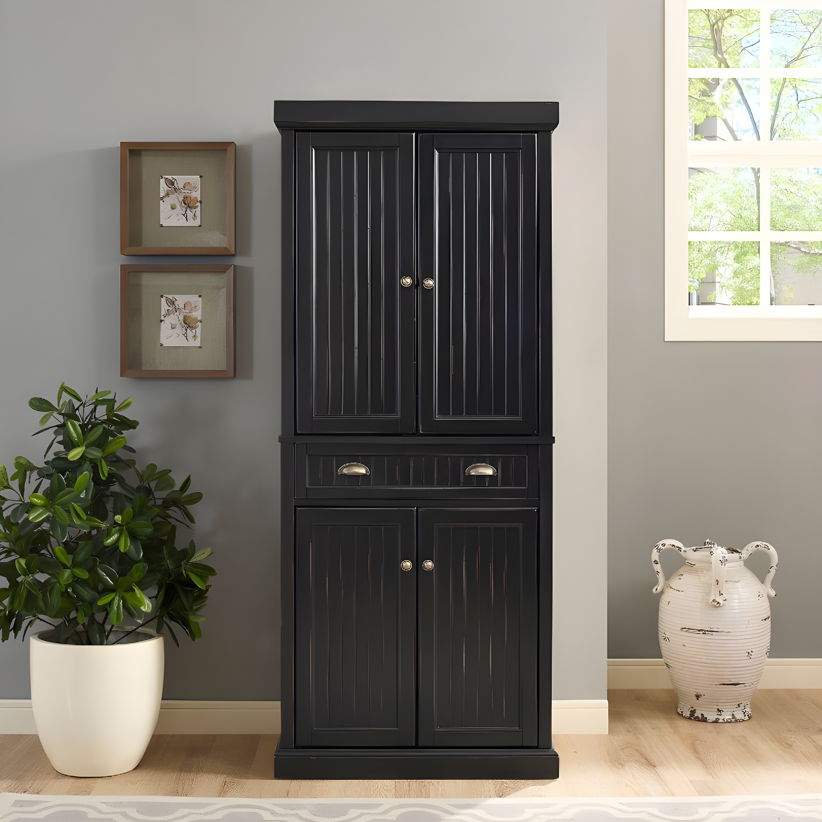 Crosley Seaside Kitchen Pantry Distressed Black: Traditional Style, 4-Door Hutch, 6 Shelves, Wood Veneer