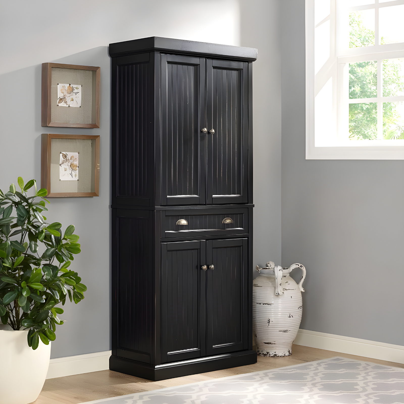 Crosley Seaside Kitchen Pantry Distressed Black: Traditional Style, 4-Door Hutch, 6 Shelves, Wood Veneer