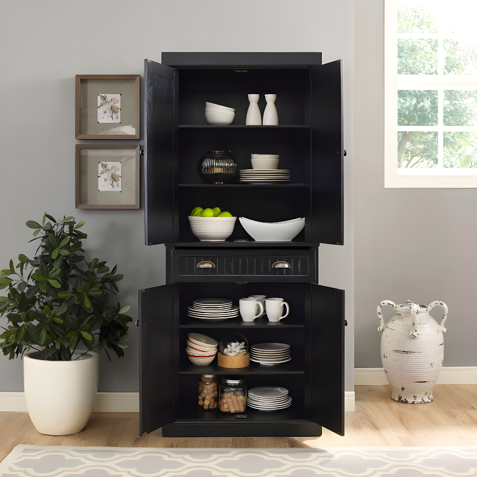 Crosley Seaside Kitchen Pantry Distressed Black: Traditional Style, 4-Door Hutch, 6 Shelves, Wood Veneer